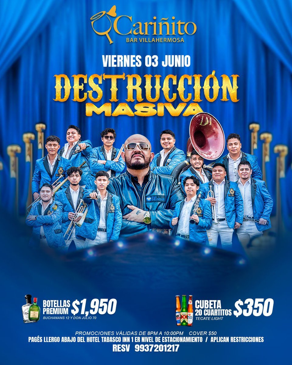 GAPAV3's tweet photo. 🍻 ¿Listo para el fin de semana en Cariñito Bar Villahermosa? 🍻 

✨ Jueves 2 de julio: Entre Copas y Despecho

🎺 Viernes 3 de julio: Banda Destrucción Masiva en vivo

🎤 Sábado 4 de julio: Salsa Brava con La Orquesta Cio Astros

🎟 Reserva al: 993 720 1217 https://t.co/l06UnydfE2