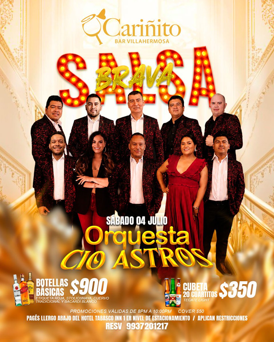 GAPAV3's tweet photo. 🍻 ¿Listo para el fin de semana en Cariñito Bar Villahermosa? 🍻 

✨ Jueves 2 de julio: Entre Copas y Despecho

🎺 Viernes 3 de julio: Banda Destrucción Masiva en vivo

🎤 Sábado 4 de julio: Salsa Brava con La Orquesta Cio Astros

🎟 Reserva al: 993 720 1217 https://t.co/l06UnydfE2