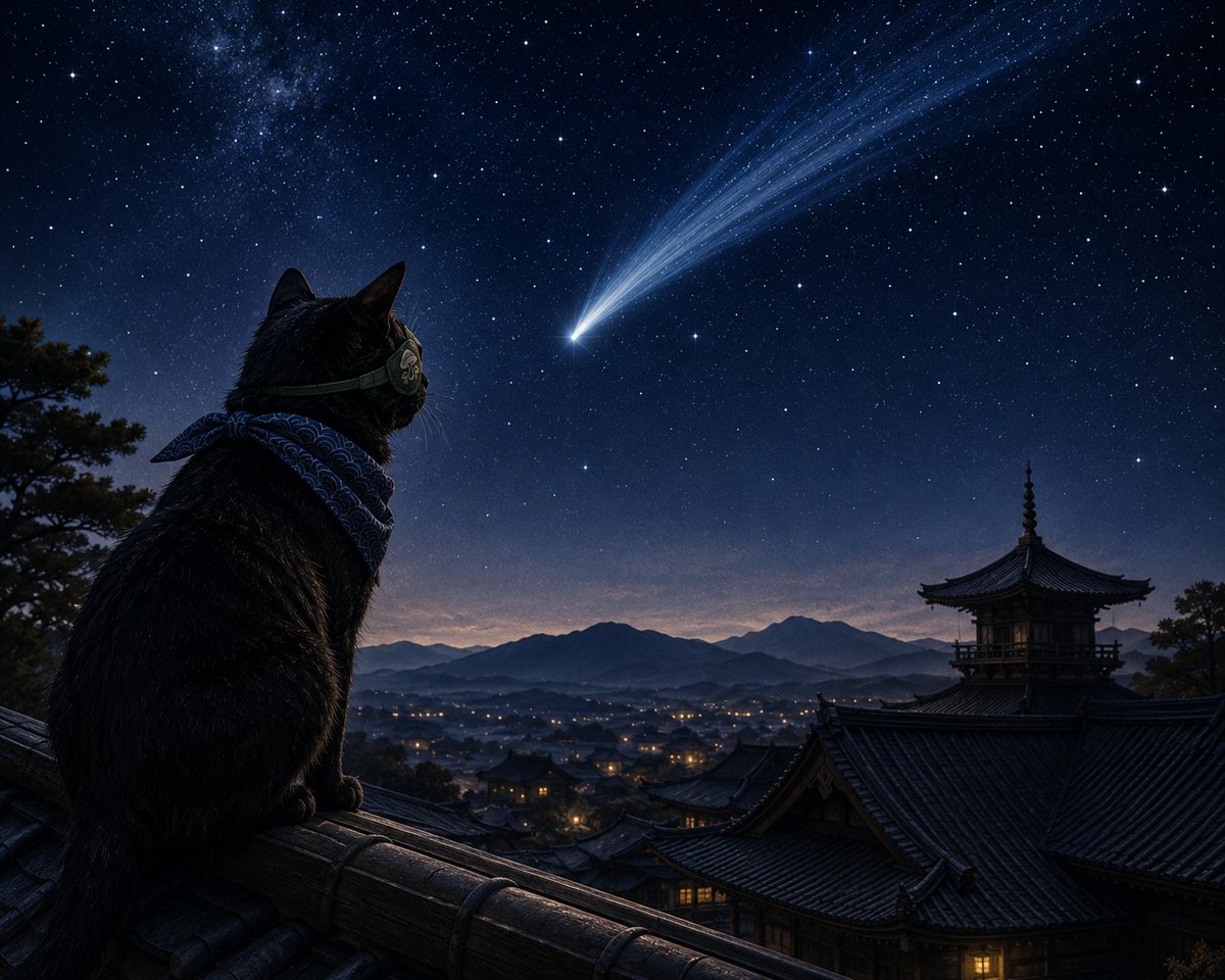 stiiistones's tweet photo. 「是日、夜、星一つ、太白く、尾を引いて、北の方へ流れたり」

日本書紀に記された、日本最古級の彗星の記録☄️
 西暦673年のことだ。

人は彗星を、吉凶の報せと見た。 この時の光は、吉兆だったのか。凶兆だったのか🌠

人々はみな空を仰ぐ。 
ただ一匹の黒猫だけが、何事もないように、その星を見送っていた🐈‍⬛✴️
#上山田 #彗星 #日本書紀 #黒猫 #ジャック