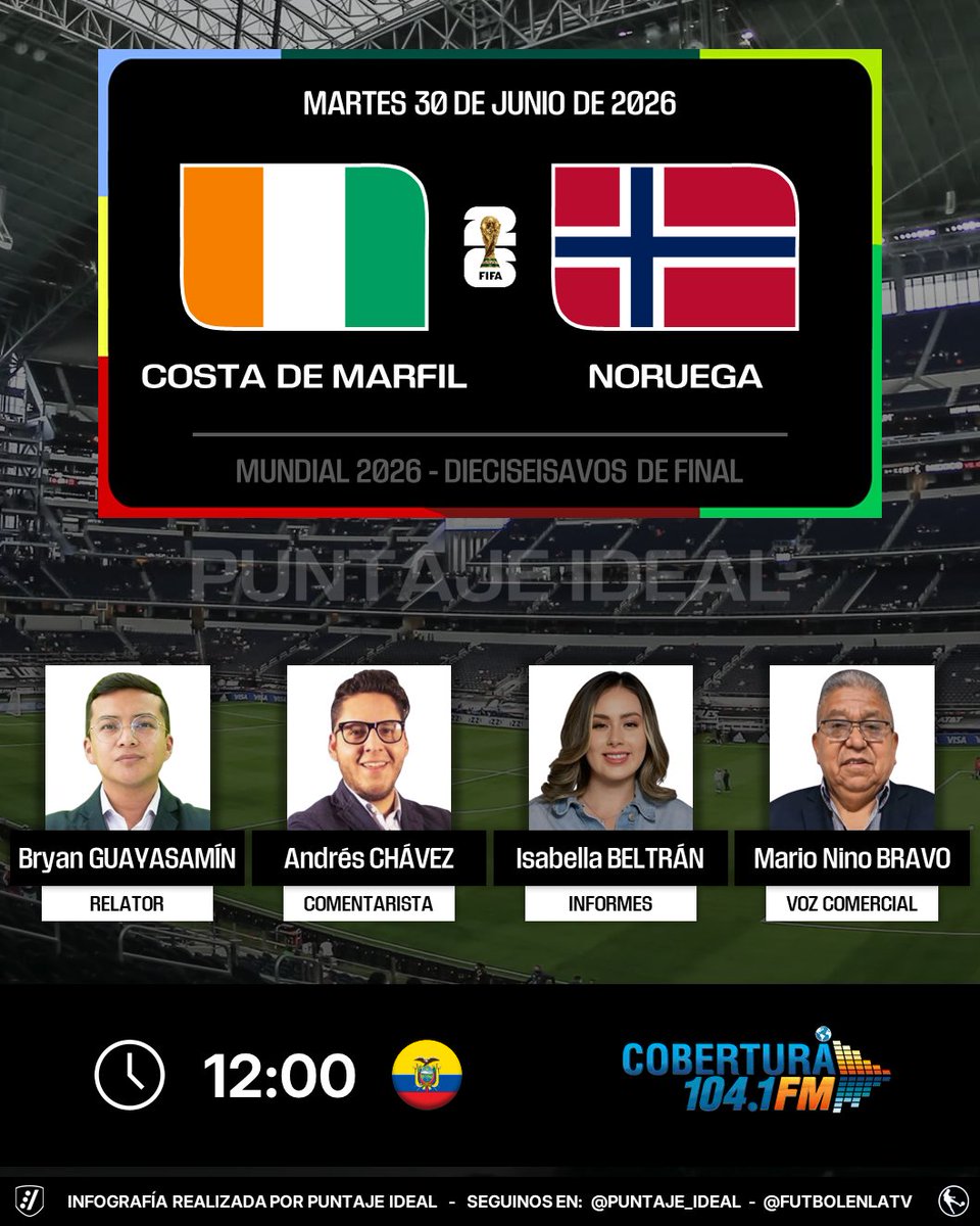 PuntajeIdealEC's tweet photo. ⚽️ #Mundial2026 | 🇨🇮 #CostaDeMarfil vs. #Noruega 🇳🇴
🎙 Relator: @BryanGuayasamn1
🎙 Comentarista: @andresfelch19
📋 Informes: @mibeltran2001
🎙 Voz Comercial: @marioninobravo
📻 @CoberturaFM
🤳 #Cobertura104
Dale RT 🔃 https://t.co/BWK3qSizvr