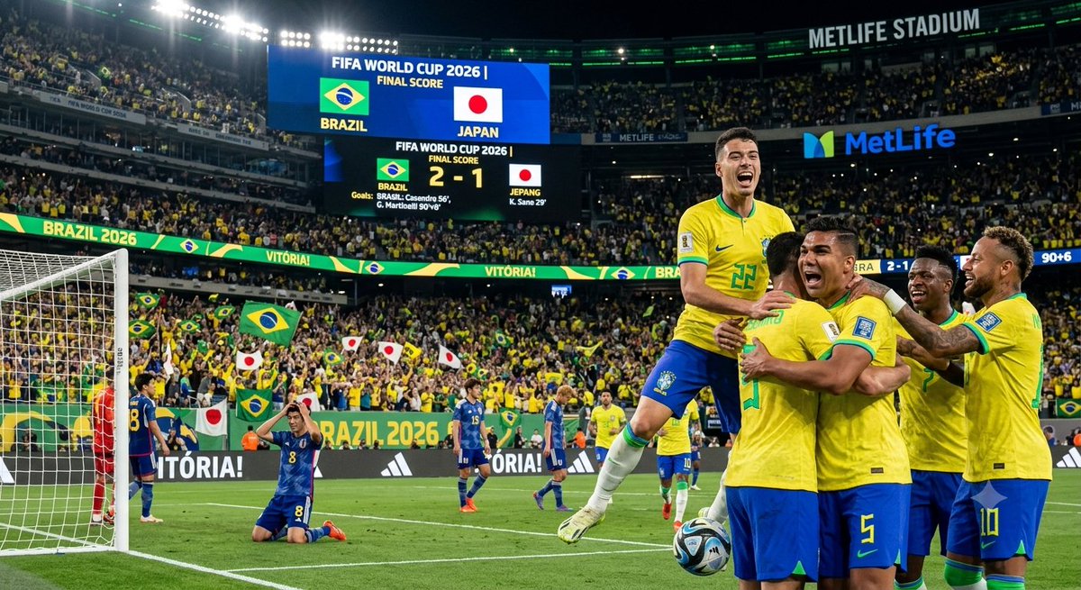 InfoHuyah's tweet photo. FT : Brasil 2 -1 Jepang (Casemiro '56, G.Martinelli '90+6, K.Sano '29)

Sungguh disayangkan gol Martinelli di tambahan waktu harus membuat Jepang tersingkir di perhelatan Akbar sepakbola Tahun ini. https://t.co/vrtthnrN0x