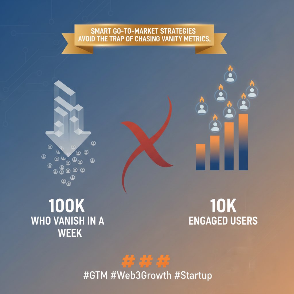 rez177e6's tweet photo. Smart go-to-market strategies avoid the trap of chasing vanity metrics. Better to have 10k engaged users than 100k who vanish in a week ππ₯ #GTM #Web3Growth #Startup https://t.co/C6bk0aWgCM