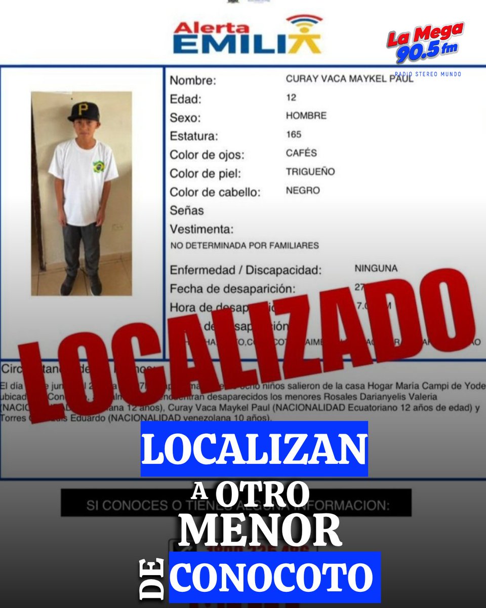 lamega_rio's tweet photo. El menor 12 años, reportado como desaparecido tras salir de un centro de acogida en Conocoto, fue localizado en buen estado. Con este hallazgo, ya son seis de los ocho menores encontrados. #Conocoto #AlertaEmilia #Quito https://t.co/jRVuJ8Vxoz