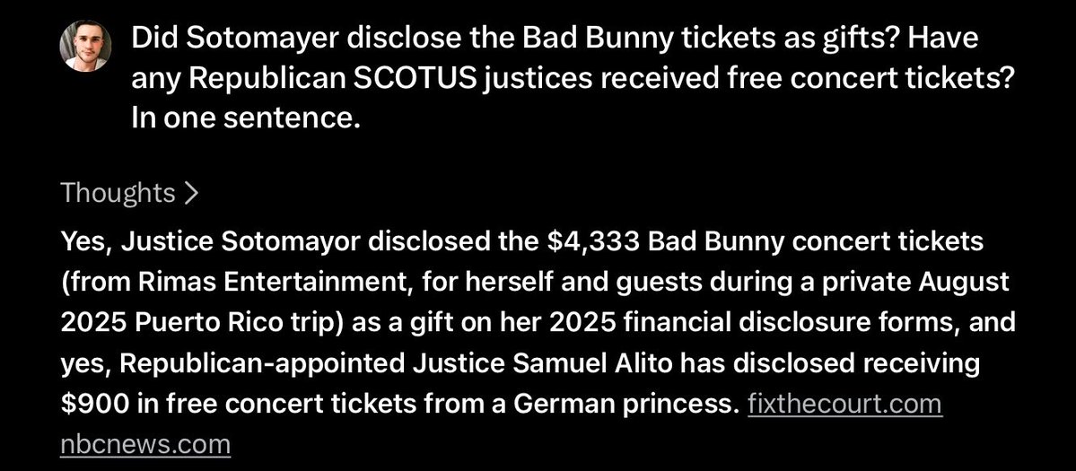 fuller_sean's tweet photo. @nypost Why didn’t you also note that she disclosed the tickets openly, and also that Samuel Alito has received free concert tickets as well? Because you’re a hack partisan rag that nobody trusts to be an honest broker https://t.co/3vT54XMpCE