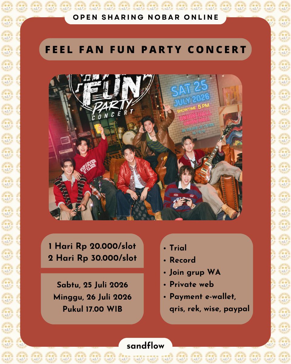 tenwolfdnas's tweet photo. OPEN SHARING NOBAR FFF CONCERT

✨️ FEEL FAN FUN PARTY CONCERT ✨️ 

📆Sabtu, 25 Juli 2026 pukul 17.00 WIB
📆Minggu, 26 Juli 2026 pukul 17.00 WIB

💸1 Hari : 20k/slot 
💸2 Hari : 30k/slot
🖥Private web 
💳All e-wallet 

✅Trial 
✅Record 
✅Join grup WA

Minat➡️DM https://t.co/F029PRrZYQ