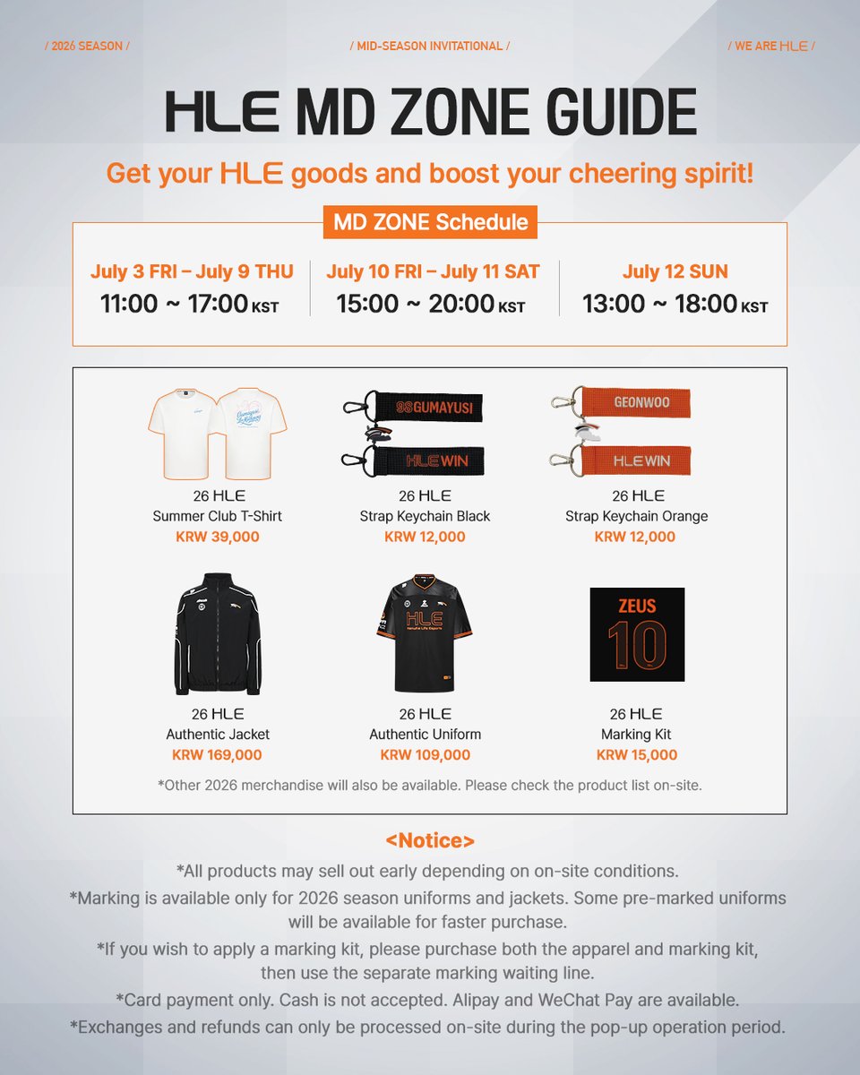 HLEofficial's tweet photo. Let’s paint Daejeon orange!🍊

From goods purchases to cheer items and membership events, enjoy everything at the MSI HLE on-site booth!

✅ HLE MD Zone 
: Open throughout the MSI period

✅ HLE GIVEAWAY Zone
: Open only on HLE match days

*Please check the image for detailed operating dates and hours.