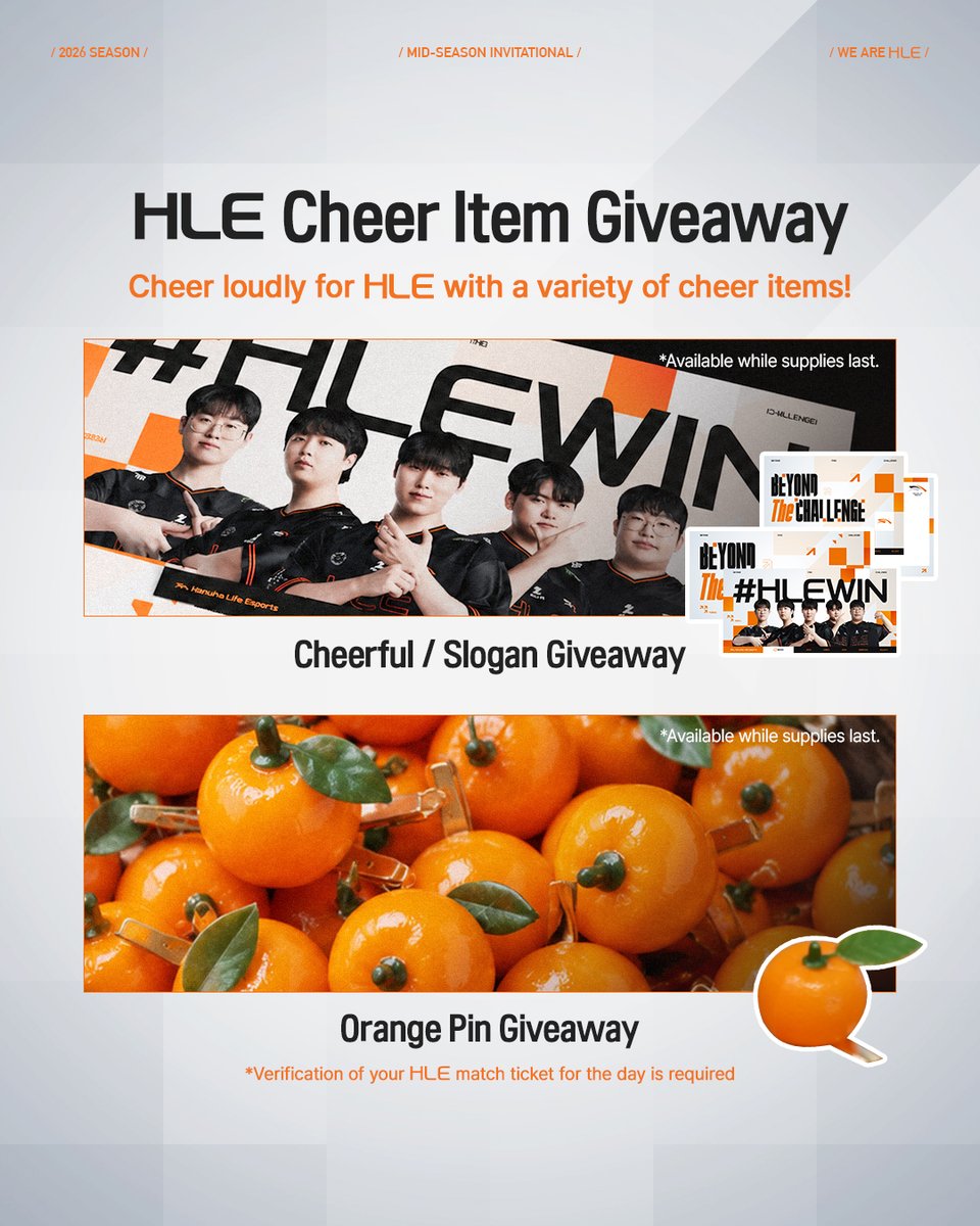 HLEofficial's tweet photo. Let’s paint Daejeon orange!🍊

From goods purchases to cheer items and membership events, enjoy everything at the MSI HLE on-site booth!

✅ HLE MD Zone 
: Open throughout the MSI period

✅ HLE GIVEAWAY Zone
: Open only on HLE match days

*Please check the image for detailed operating dates and hours.