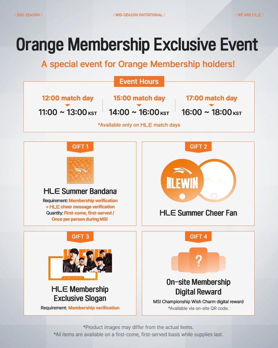 HLEofficial's tweet photo. Let’s paint Daejeon orange!🍊

From goods purchases to cheer items and membership events, enjoy everything at the MSI HLE on-site booth!

✅ HLE MD Zone 
: Open throughout the MSI period

✅ HLE GIVEAWAY Zone
: Open only on HLE match days

*Please check the image for detailed operating dates and hours.