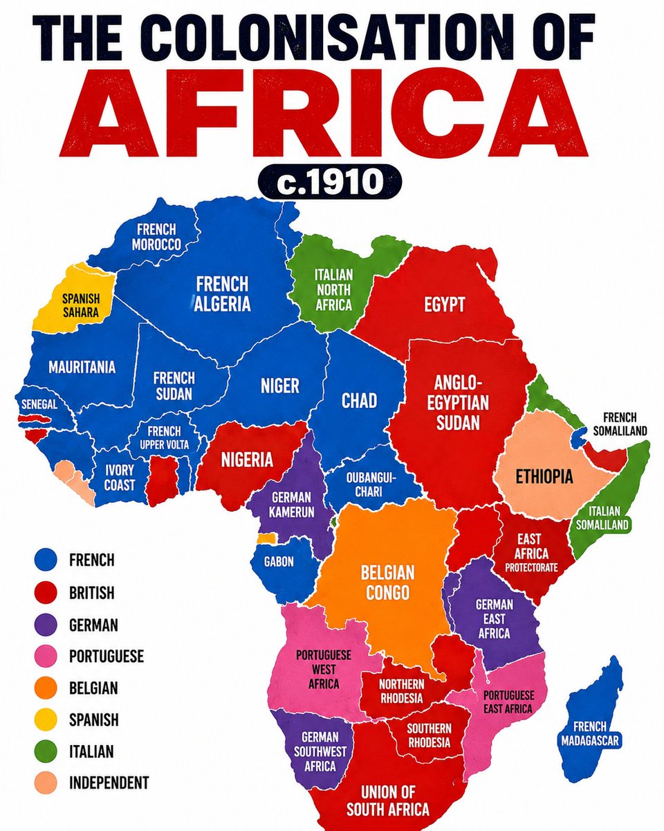 LearnEvery8w's tweet photo. 📜 One map explains the colonial partition of Africa in the early 20th century. https://t.co/Shvq7MMXK2