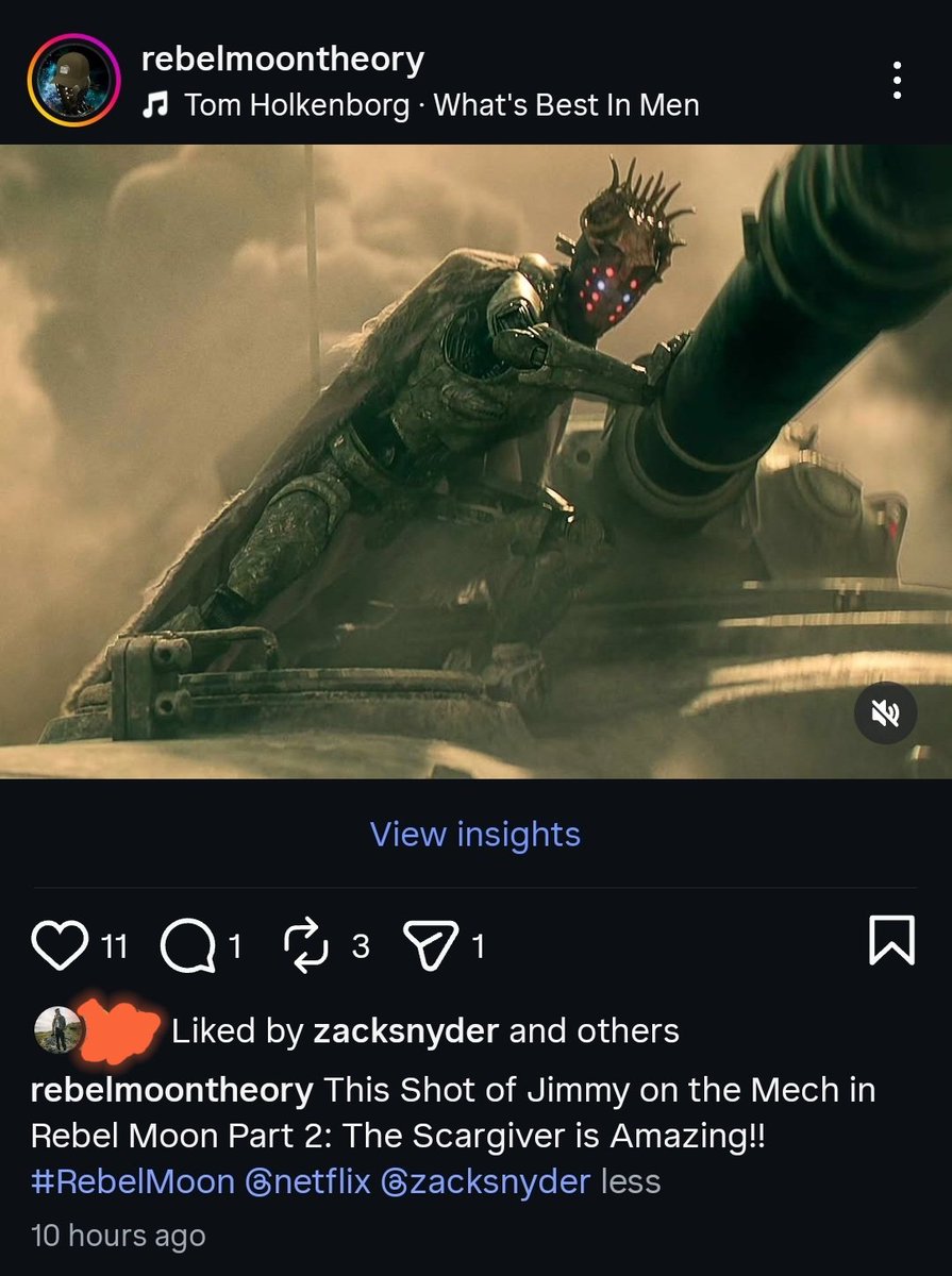 RebelMoonTheory's tweet photo. Zack Snyder has Liked a post I made today on Instagram, which is about this amazing shot of Jimmy on the Mech in Rebel Moon Part 2: The Scargiver!!
#RebelMoon @netflix https://t.co/aJpbtZCrNP