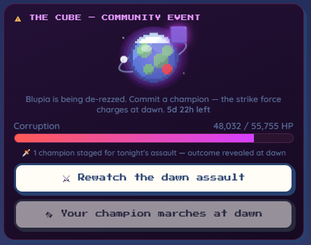 dolodood's tweet photo. Now testing Community Events! 🌎

Team up with other players to take down the EVIL cube. Send your best pet and come back tomorrow to see the results!

Adjustments are actively being made. 🙂🚧 https://t.co/qU2X0gHYXb