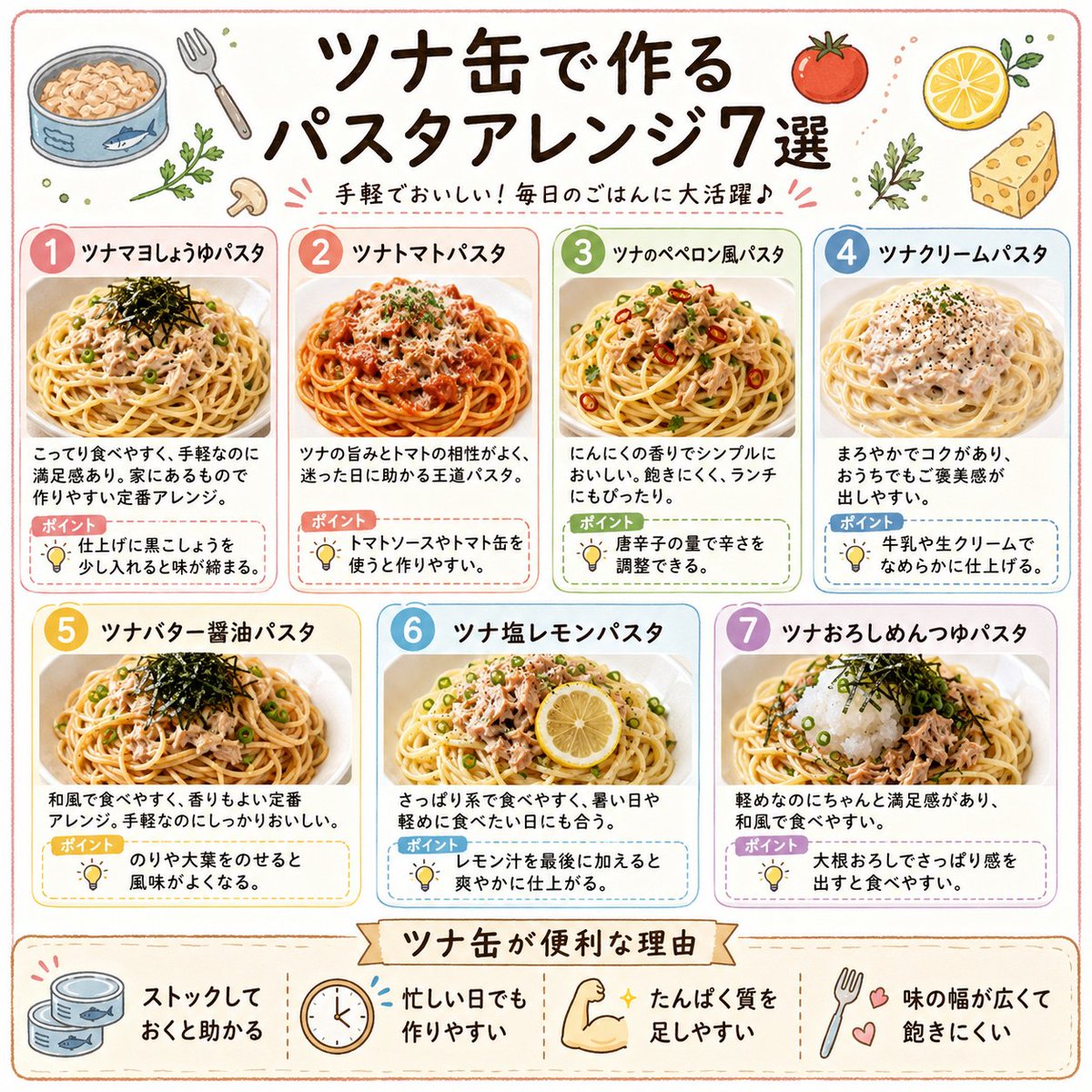 ツ ナ 。ページ ツナ缶パスタってずっと同じ作り方しかしてなかったけど 7種類全部試し