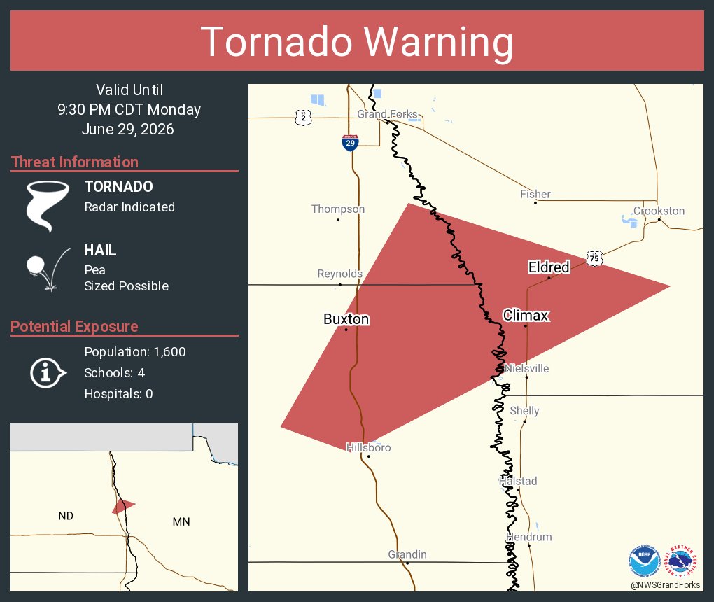 Tornado Warning including Buxton ND, Climax MN and Eldred MN until
