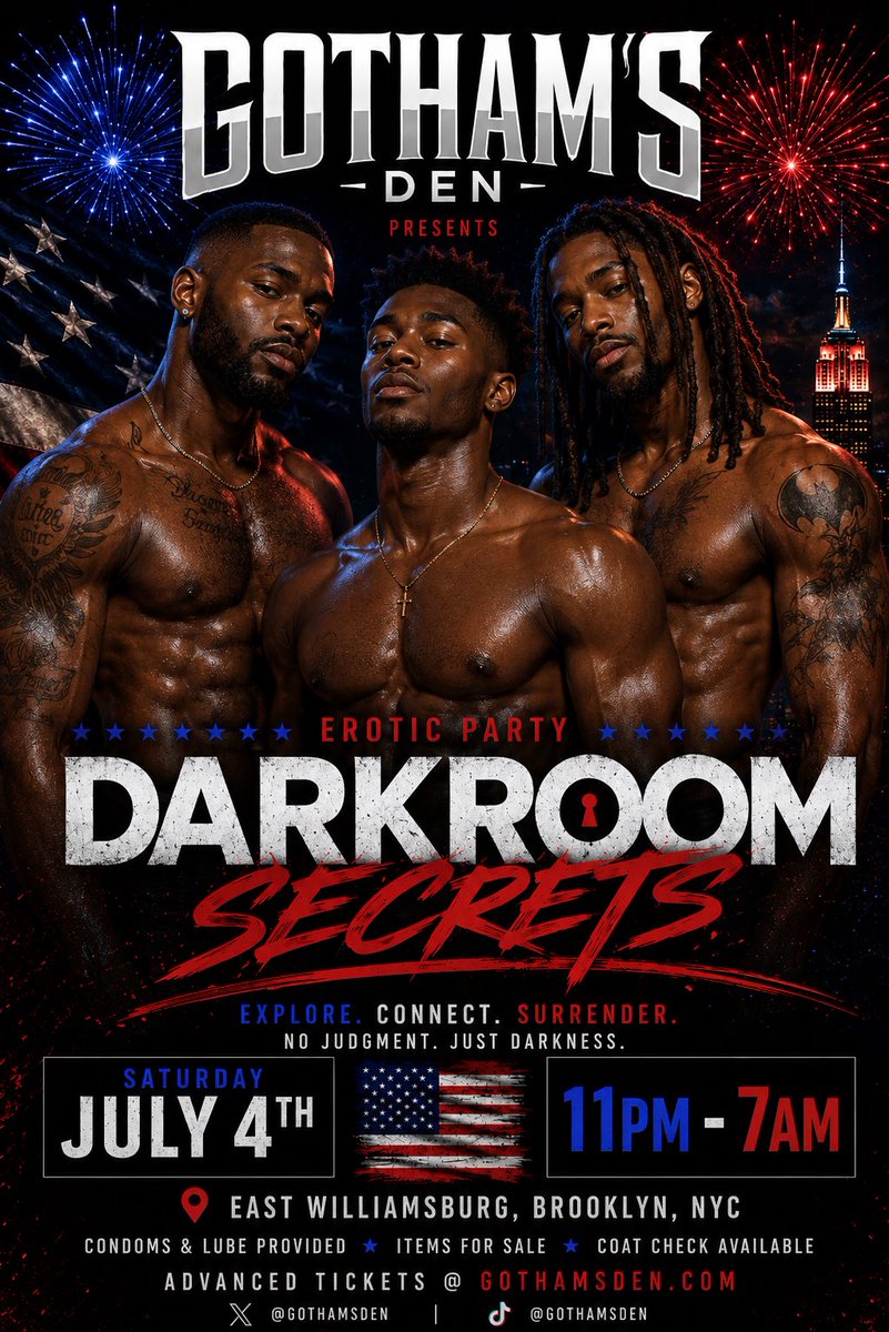 GothamsDen's tweet photo. 🔥 BROOKLYN— WE BACK IT THIS WEEKEND🔥

We saw hundreds of fine ass dudes this week for our grand opening at our new venue, we thought we’d run it back for niggas that missed out. 😈

Pull up this weekend for DARKROOM SECRETS

📍 Brooklyn, NY (location given to ticket purchasers) 

📅 Saturday, July 4th

Reminder: No Phones Allowed. Fully Nude (except jockstraps and ski-masks. Private suites available to rent now. 

🎟 Tickets: https://t.co/iO2BFqZMdg

#NYCPride #BrooklynNights #DarkroomSecrets #GothamsDen #PrideWeekend #NYCNightlife