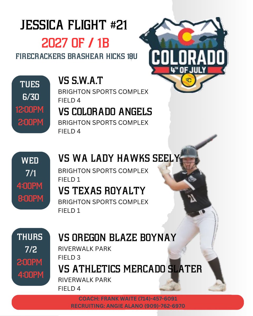 jessicaflight27's tweet photo. International games are done and now i’m excited to compete with my Firecrackers 18u team this week in the colorado sparkler. 🧨🥎 Here is my schedule for the next three days of pool play before bracket games start on Saturday!! @BrashearHicks @FCBHRecruiting https://t.co/AMdPTe1dzI