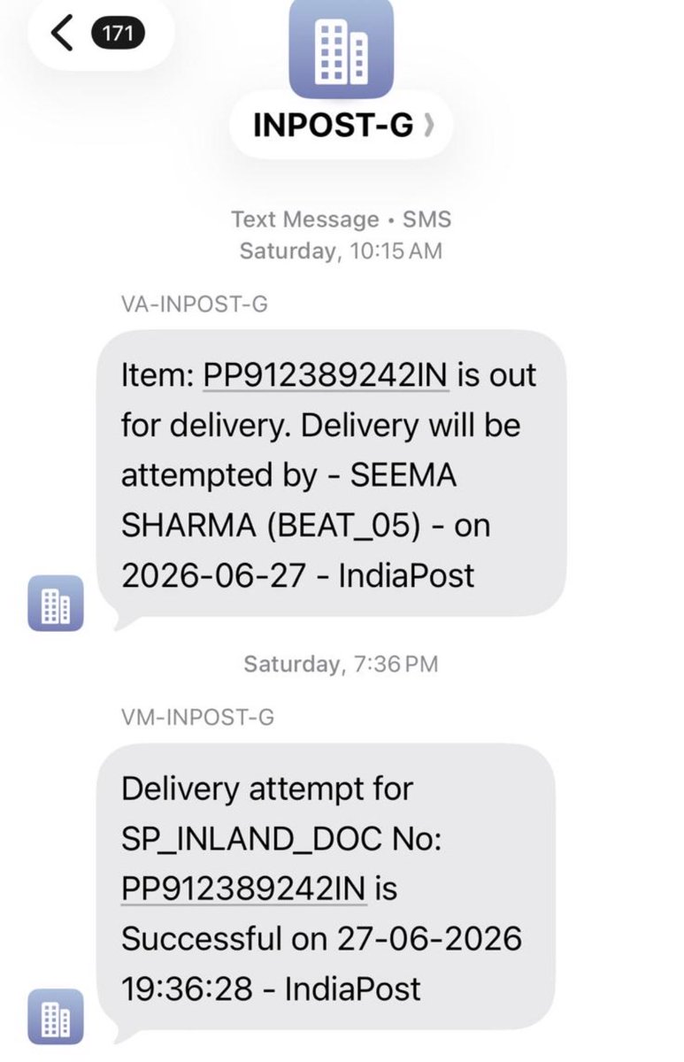 Prafulshri's tweet photo. See the irony, I am receiving SMS but not the ‘speed post’ item. Hope you can track and find out
@IndiaPostOffice @JM_Scindia @MEAIndia @PMOIndia https://t.co/6IkqIuDtcG