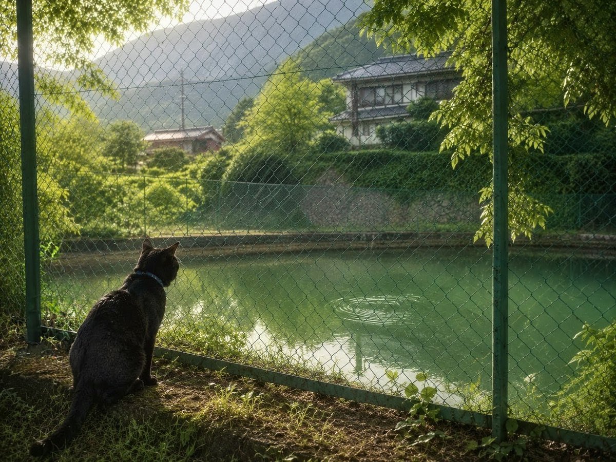 stiiistones's tweet photo. かつてウシガエルの声が響いた防火水槽🧯
長らく静かな夏が続いていたが、今年の美化デーの日、再び鳴き声を聞いた𓆏
カエルの姿は見えない。
水面に残る波紋だけが、「そこにいる」と教えてくれる🐸

黒猫のジャックだけが、フェンス越しにその姿を見ていた🐈‍⬛
#上山田 #カエル #防火水槽 #黒猫 #ジャック