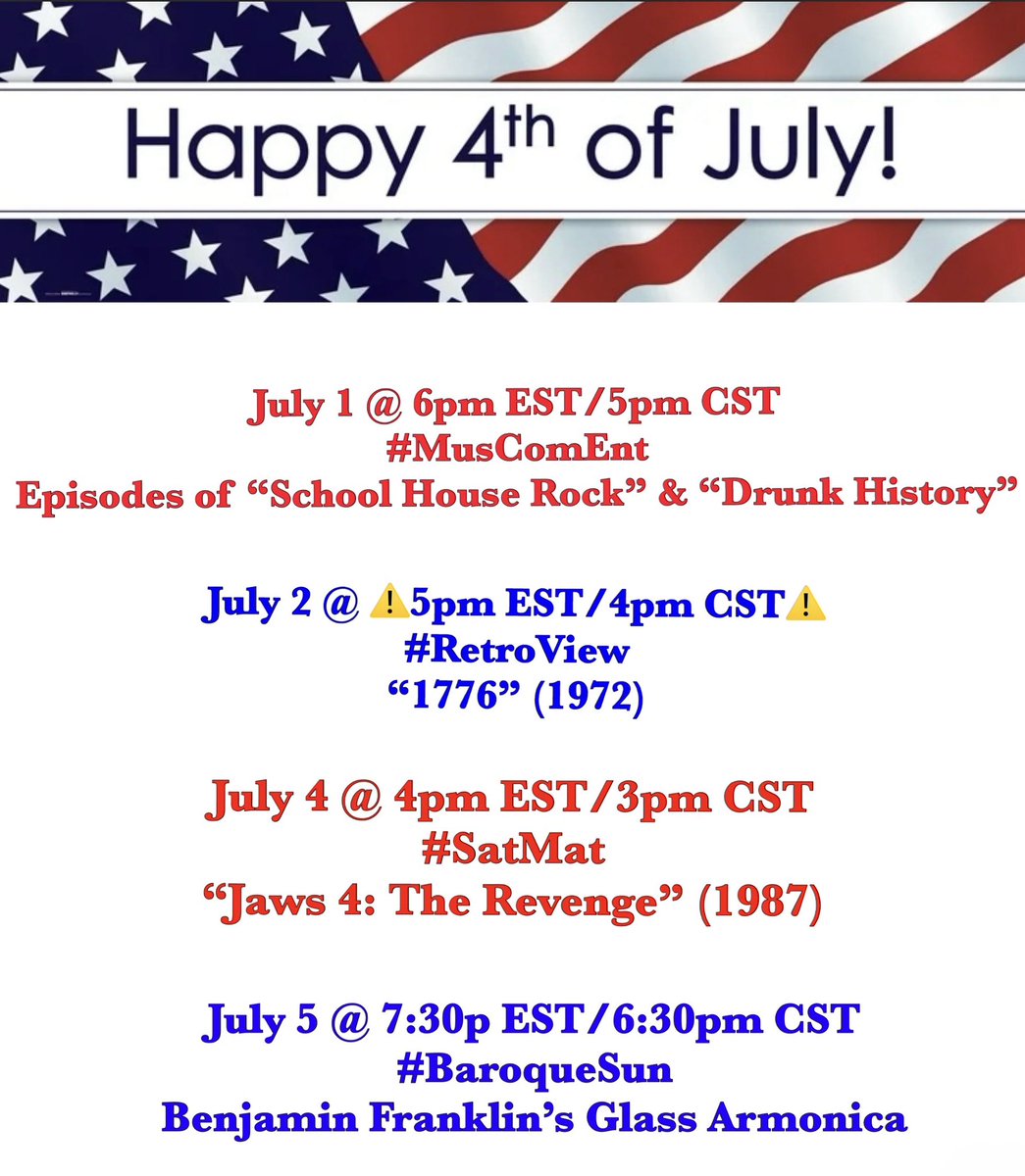 analgesicsleep's tweet photo. Join me Wednesday @ 6pm EST/5pm CST when #MusComEnt pre-games the #4thOfJuly with Episodes of “Drunk History”, “School House Rock” , “Wishbone” & “Liberty’s Kids”. Playlist available here (https://t.co/4JT3a3JNvt)
(1/4) https://t.co/WpXFnpxiDy