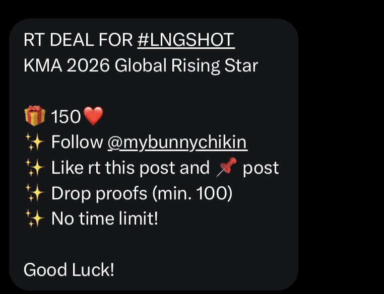 dearlyryul's tweet photo. RT DEAL FOR #LNGSHOT
KMA 2026 Global Rising Star

🎁 150❤️ (IDOLCHAMP)

✨ Follow @mybunnychikin 
✨ Like rt this post and their📌 post 
✨ Drop proofs (min. 100)
✨ No time limit!

DO NOT REPLY WITH HT‼️ https://t.co/Out00CRhxd