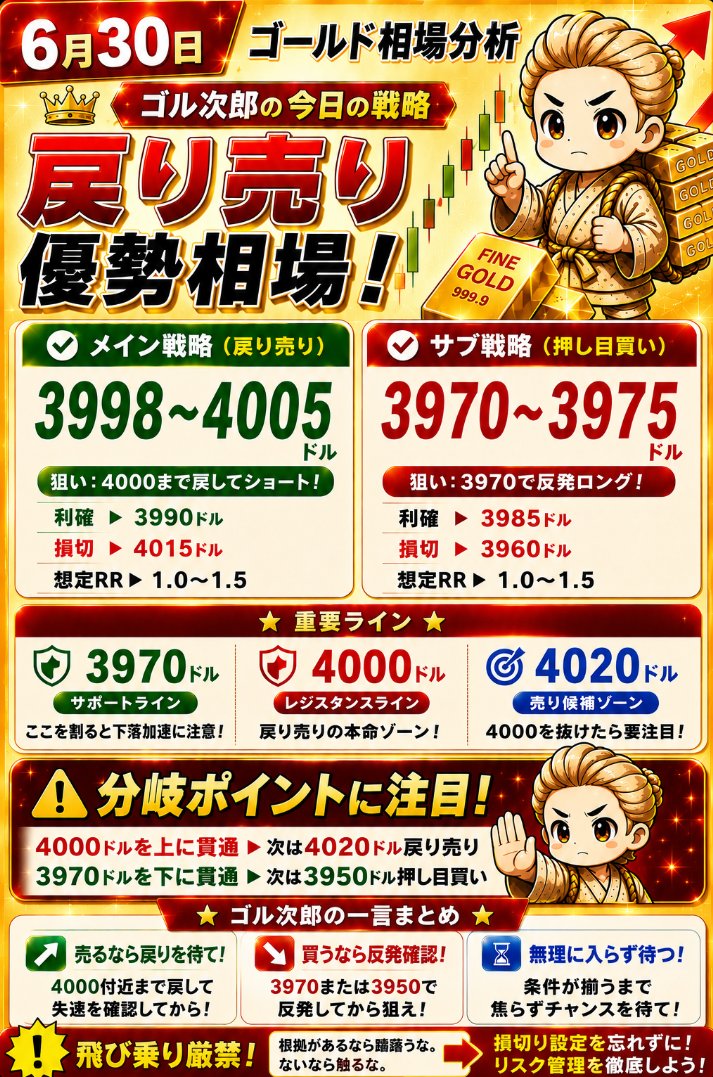 gorujiro_gold's tweet photo. 【ゴールド予想｜6月30日】

🔥 4000ドル戻り売り狙い！

本日のゴールドは、
「戻り売り優勢」で見ています。

ただし、現在価格3970ドル付近からの追い売りは注意です。

すでに前日安値4000ドルを割り込んでおり、
短期は売りが優勢です。

一方で、1時間足RSIは24付近まで低下しているため、
短期的な反発も警戒したい場面です。

ではどうすべきか？

＜3つの戦略POINT＞
■ 4000ドルまで戻して上値が重くなるか
■ 3970ドルで反発して押し目を作れるか
■ 4000・3970を貫通した後、次のポイントまで待てるか

この3POINTを判断軸としたトレード戦��がこちら👇

────────────────
＜ゴル次郎のトレード戦略＞

📍 メイン：ショート（戻り売り）
■ 3,998〜4,005ドル
　利確：3,990ドル
　損切：4,015ドル

📍 サブ：ロング（押し目買い）
■ 3,970〜3,975ドル
　利確：3,985ドル
　損切：3,960ドル

✅予想レンジ
3930～4020ドル

✅本日の目線
短期は売り優勢。

ただし、
3970ドル付近では短期反発も警戒しています。

なぜなら、、、

────────────────
＜ゴル次郎の３POINT分析＞
①ファンダ視点
～主役は米金利高止まり、支えは売られすぎによる買い戻し～

📍 メイン材料：米金利高止まり＝ゴールドの上値を抑える

今回ゴールドが4000ドルを割り込んだ最大の理由は、
米金利が高止まりするとの見方が強まっていることです。

市場では、

インフレ���まだ落ち着かない
↓
FRBは利下げを急ぎにくい
↓
米金利が高止まりしやすい
↓
ドルが買われやすい
↓
ゴールドが売られやすい

という流れが意識されています。

さらに今週は、

■ ADP雇用統計
■ JOLTS求人件数
■ ISM製造業景況指数
■ NFP（米雇用統計）

と重要指標が続きます。

もし雇用が強い結果になれば、
「FRBは高金利を維持しやすい」

との見方が強まり、
ゴールドには引き続き売り圧力がかかる可能性があります。
そのため、現時点では戻り売りが優勢と考えています。

📍 サブ材料：売られすぎによる短期反発

一方で、
短期では反発にも注意が必要です。

4時間足RSIは32、
1時間足RSIは24まで低下しています。

これは短期的に売られすぎの水準です。

また3970ドル、
さらに3950ドルはサポートとして意識される���格帯です。

ここでは、

利益確定の買い戻し
↓
短期勢の押し目買い

が入りやすくなります。

つまり、

ファンダは売り優勢。

しかし、
下げたところを追いかけて売るより、
反発を待ってから売る方が、
リスクを抑えやすい相場です。

📍 結論：売り優勢。ただし飛び乗りはしない

今のファンダは、
■ 米金利高止まりが上値を抑える
■ 米重要指標を控え売り優勢
■ ただし売られすぎから短期反発は警戒
という構図です。

だからこそ今日は、

「戻り売りを基本」

と考えています。

②テクニカル視点　～4時間足～

4時間足は、
大きな方向感を見る時間足です。

RSIは32付近。

売り優勢ですが、
極端な売られすぎにも近づいています。

ボリンジャーバンド中心線は4038ドル。

現在価格はこれを大きく下回って���り、
まだ戻り売りが入りやすい状態です。

また、

EMA20
EMA75
EMA200

すべて現在価格より上に位置しています。

つまり、
短期・中期ともに、
戻り売りが優勢のチャートです。

ただし、
RSIはかなり低いため、

ここから飛び乗るより、
戻りを待つ方が期待値は高いと考えています。

③テクニカル視点　～1時間足～

1時間足では、
4000ドルを明確に割り込んだことで、
短期トレンドは下向きです。

現在価格は、
ボリンジャーバンド中心線4022ドルより下。
短期は戻り売り優勢です。

一方で、

RSIは24付近まで低下しています。
そのため、
3970ドル付近では反発も警戒したい場面です。

今日は、

4000ドルまで戻して失速するなら、
メインの戻り売り。

3970ドルで反発が確認できるなら、
短期ロング。

この2つを優先します。

なお、

4000ドルを上に貫通した場合は、
4000で売るのではなく、
次の4020ドル付近まで待って、
戻り売りを検討します。

逆に、

3970ドルを下に貫通した場合は、
3970では買わず、
3950ドルまで引きつけて、
押し目買いを検討します。

今日は、
「待って次のポイントで勝負する」

ことが重要です。

────────────────
＜トレード戦略まとめ＞

今日のゴールド相場のPOINTは、

✅4000ドルの戻り売り

もしくは3970ドルの押し目反発です！

🔥想定シナリオ🔥
■ メインは4000ドル付近の戻り売り
■ 利確は3990ドル
■ 損切りは4015ドル上抜け

■ サブは3970ドル付近の押し目買い
■ 利確は3985ドル
■ 損切りは3960ドル割れ

■ 4000ドルを上に貫通したら4020ドルまで待って戻り売り
■ 3970ドルを下に貫通したら3950ドル��で待って押し目買い

今日は、

動いた方向へ飛び乗るより、
条件が揃うまで待つ相場です。

特に初心者の方は、

「下がったから売る」
ではなく、

「戻して、止められて、再び下を向いたら売る」

「反発を確認してから買う」
この順番を意識してください。

無理に入らなくても、
チャンスは何度でも来ます。

『根拠があるなら躊躇うな。ないなら触るな。』

─────────────────

損切りを必ず設定し、
リスク管理を徹底してください！

参考になった方は「ブックマーク」で保存しておくと、
トレード判断の役に立つと思います👍

#ゴールド
#XAUUSD