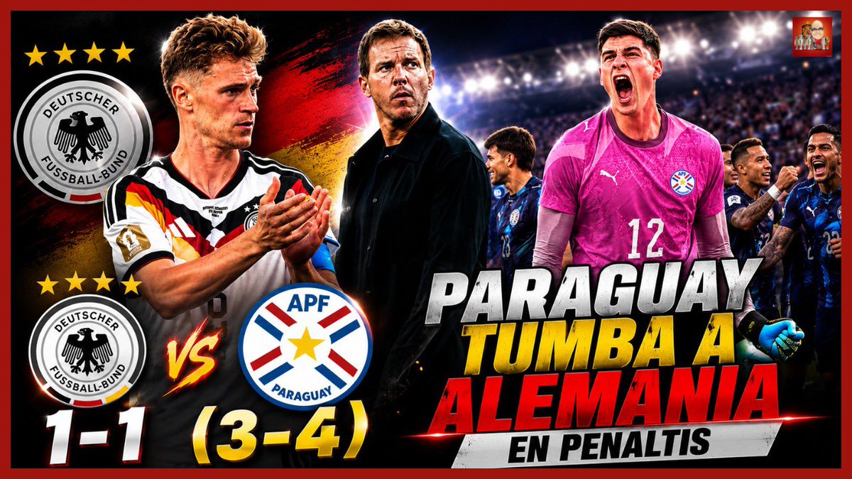 2010MisterChip's tweet photo. ‼️ Nuevo vídeo ‼️

🇵🇾 ¡Paraguay hace historia! La **Albirroja** elimina a Alemania del Mundial 2026 tras empatar 1-1 y llevarse una inolvidable tanda de penaltis.🧤

Un ejercicio de resistencia, personalidad y sangre fría para tumbar a una de las grandes favoritas y sellar su billete a los octavos de final.🏆

Al lío 👇📸