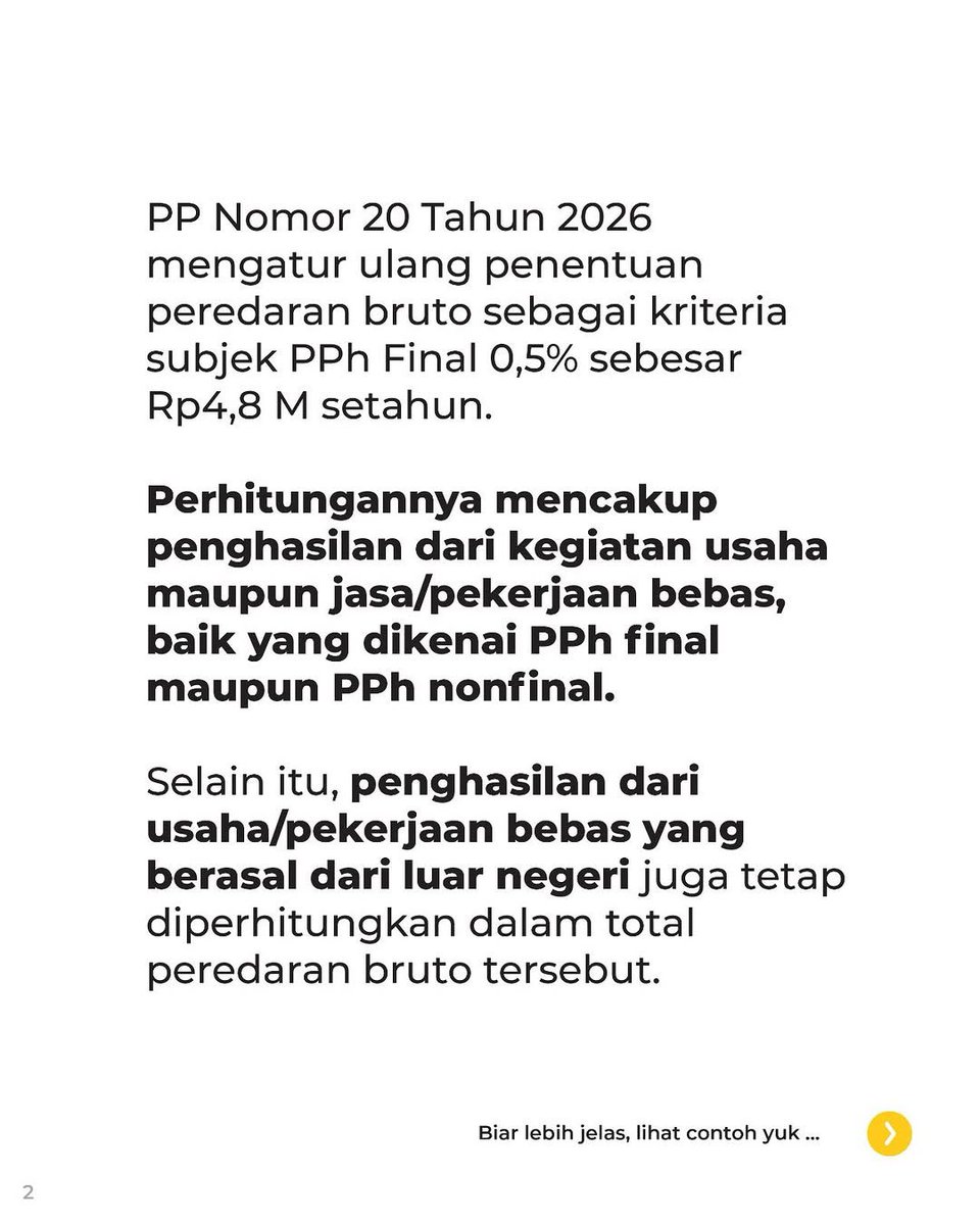 pajakmasamba's tweet photo. Omzet Rp4,8 Miliar Akumulatif, Maksudnya Gimana?🤔

PP Nomor 20 Tahun 2026 mengatur bahwa batas omzet Rp4,8 miliar untuk menentukan siapa yang dapat menggunakan tarif PPh Final UMKM 0,5% dihitung secara akumulatif dalam satu tahun pajak. https://t.co/y3VvCjmAp3