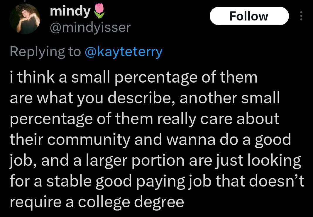 afrocosmist's tweet photo. lol talking about cops. functionally, it doesnt matter what a "small percentage" care about, or what a "larger portion" desire for themselves. its their systemic role that matters. at least critique that honestly https://t.co/W74Xb3jAnh