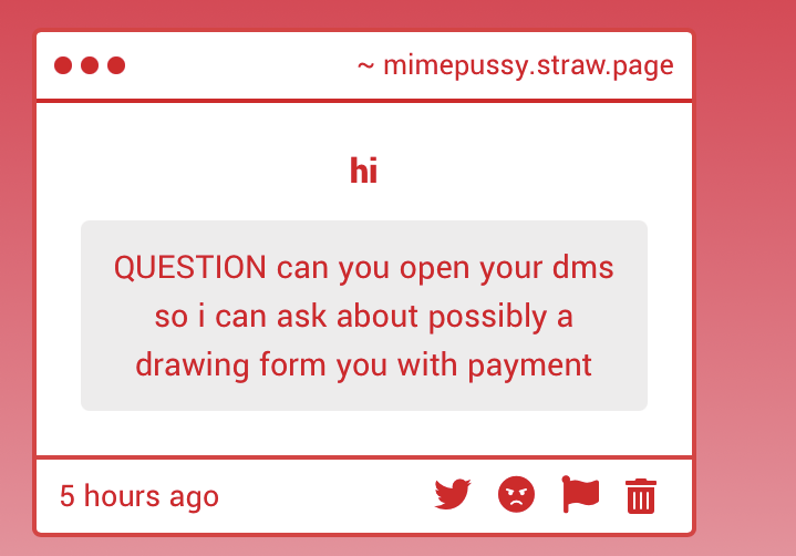 MIMEPUSSY's tweet photo. strawpage thread first ask 

hi my dms are open actually (sorry if it takes a bit for me to get back to you, dm notifs are fucked up here..)

ALSO GENERAL ANNOUNCEMENT it will be a bit until i can take nsfw c0mms cuz first i need to get. c3shapp set up i completely forgot to say https://t.co/x1Y8MuA2k6