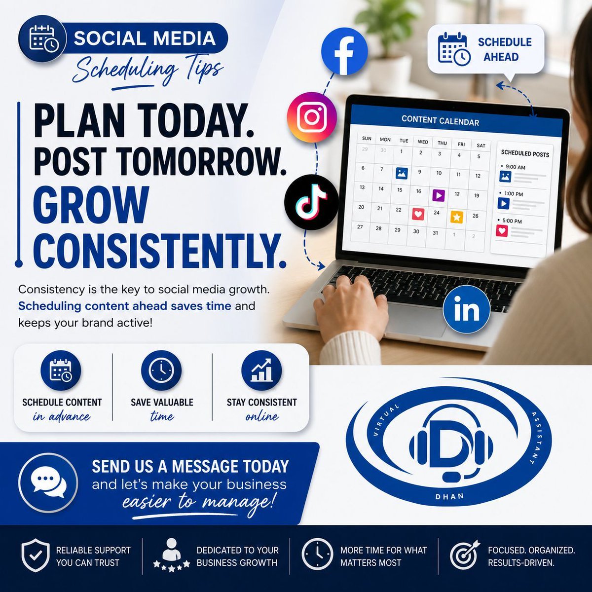 dhan1408's tweet photo. Consistency is the key to social media growth. Scheduling content ahead saves time and keeps your brand active!

Send us a message today and let’s make your business easier to manage!

#SocialMediaTips
 #ContentPlanning 
#DigitalMarketing
 #VirtualAssistant https://t.co/WFzBs26POB