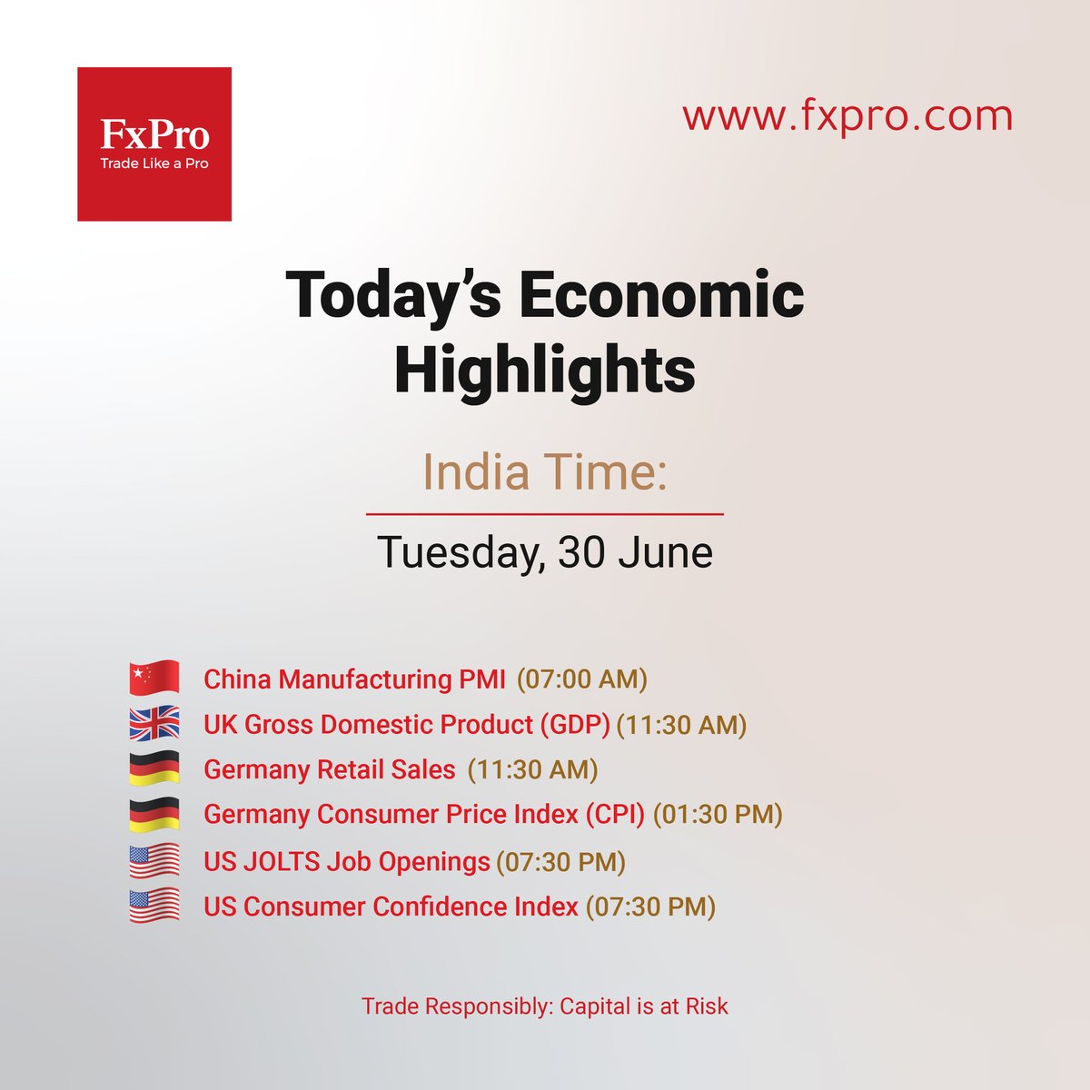 fxproindia's tweet photo. Key Economic Events and Data Expected Today:
India Standard Time

Tuesday, 30 June
🇨🇳 China Manufacturing PMI – 7:00 AM
🇬🇧 UK Gross Domestic Product (GDP) – 11:30 AM
🇩🇪 Germany Retail Sales – 11:30 AM
🇩🇪 Germany Consumer Price Index (CPI) – 1:30 PM
🇺🇸 US JOLTS Job Openings – 7:30 PM
🇺🇸 US Consumer Confidence Index – 7:30 PM

#fxpro #india

Trade responsibly. Capital is at risk.