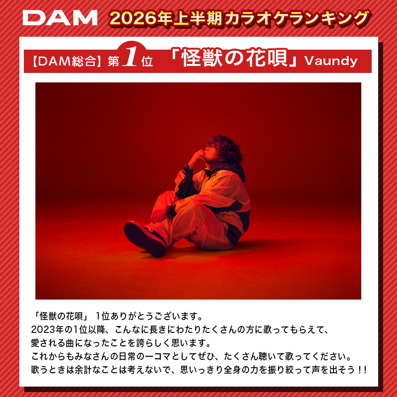 DAMch_Official's tweet photo. 🎊𝑪𝒐𝒏𝒈𝒓𝒂𝒕𝒖𝒍𝒂𝒕𝒊𝒐𝒏𝒔🎊
＼\ DAM総合 1位👑 /／

2026年上半期カラオケランキングで
最も歌われた曲は
Vaundyさん「#怪獣の花唄」‼️
おめでとうございます👏

Vaundyさんより
受賞コメントを頂きました✨️

#DAMカラオケランキング
#2026上半期カラオケランキング https://t.co/g2DSbd3wbY