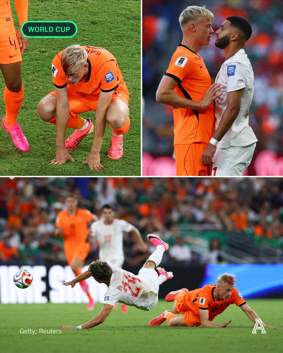 TheAthleticFC's tweet photo. A heated exchange with Ismael Saibari, a bloody head injury and a crunching tackle to finish the half.

Netherlands defender Jan Paul van Hecke had an eventful first 45 minutes against Morocco.

What will the second half bring?

🔗 https://t.co/lVsayffcRJ https://t.co/NgDQTNQWfN