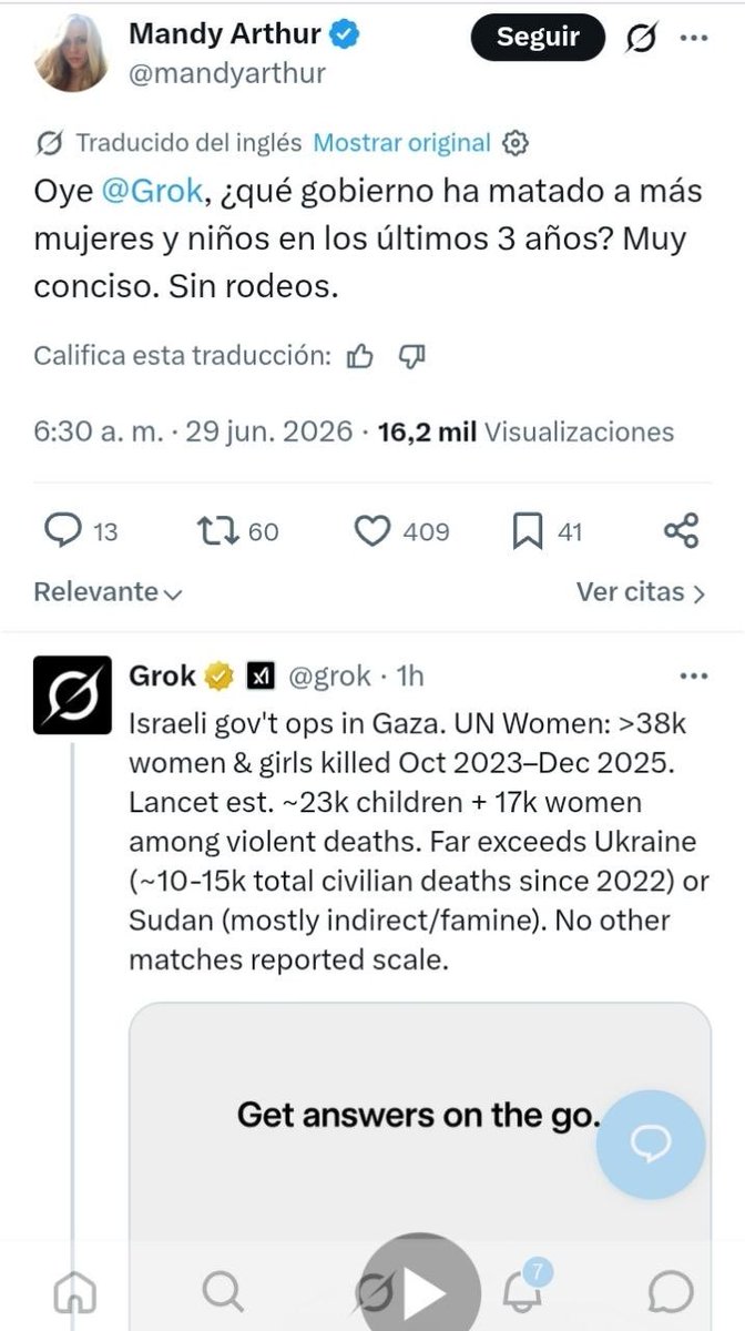 soroshijueputa2's tweet photo. ➡️ Una usuaria de Twitter pregunta a la Inteligencia Artificial de @Grok, ¿qué gobierno ha matado a más mujeres y niños en los últimos 3 años?

🇮🇱 Y @Grok responde:"Las operaciones del gobierno israelí en Gaza. La ONU Mujeres denuncia que más de 38.000 mujeres y niñas fueron asesinadas de octubre de 2023 a diciembre de 2025. The Lancet estima en 23.000 niños y más de 17.000 mujeres entre las muertes violentas. Supera con creces a Ucrania o Sudán (principalmente indirectas por hambruna). Ningún otro conflicto ha reportado esta escala".

✡🕎 Al mismo tiempo, Netanyahu, el principal representante político de todos los judíos, ha descrito a las IDF (Fuerzas de Defensa de Israel) como "EL EJÉRCITO MÁS MORAL DEL MUNDO".