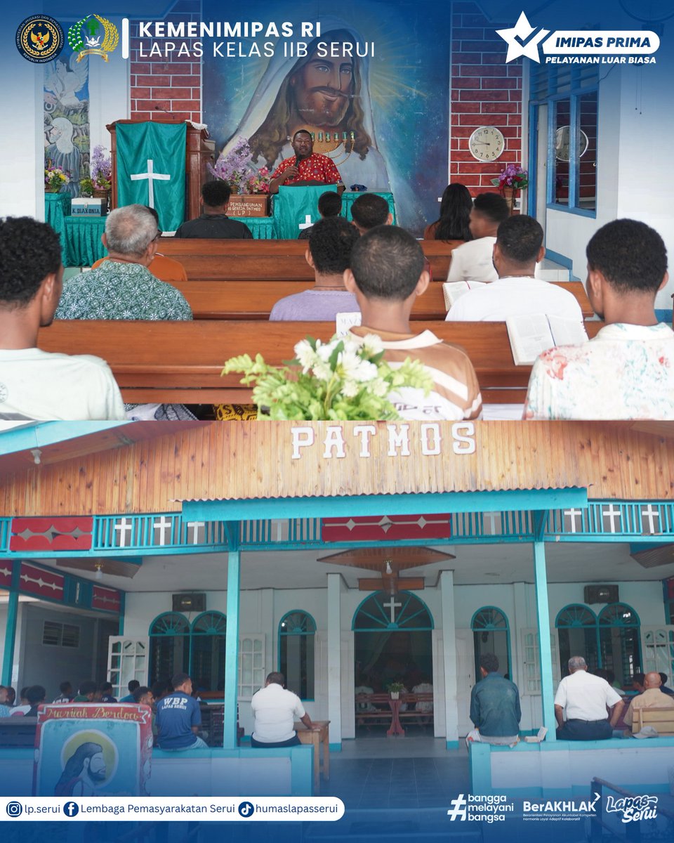 LapasSerui's tweet photo. PEMBINAAN KEROHANIAN: WARGA BINAAN LAPAS SERUI IKUTI IBADAH BERSAMA GKPMI EL-SHADDAI TMP SERUI

SERUI – Pada hari Selasa, 30 Juni 2026, bertempat di Lapas Kelas IIB Serui, WBP yang beragama Kristen mengikuti ibadah bersama yang dilayani oleh jemaat GKPMI El-Shaddai TMP Serui. https://t.co/Lm4sGFUshs
