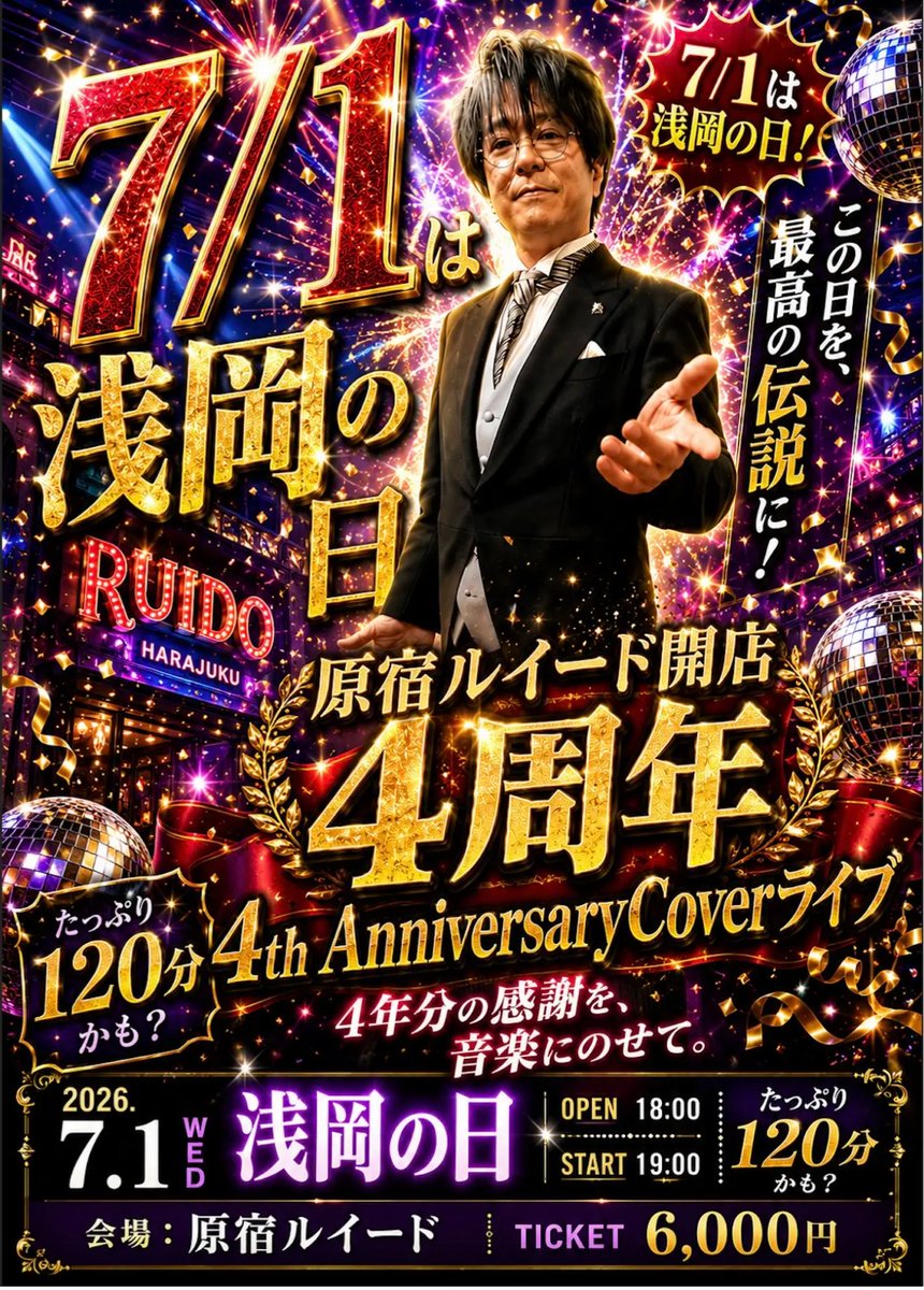 uyax_asaoka's tweet photo. 明日、7/1は浅岡の日っ！　
原宿ルイード 4th Anniversary Cover ライブ!!!!!

2026年7月1日(水)
開場　18時　開演19:00　終演20:45
　　　　　　　↑仕事帰りでもok！！
原宿RUIDO 
(東京都)渋谷区神宮前1-19-13 国土計画原宿ビルB1