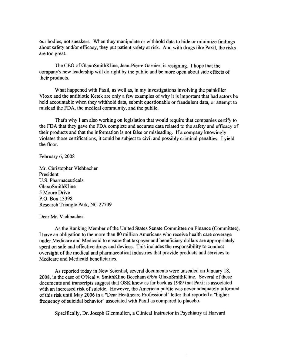 woodymatters's tweet photo. "Essentially, it looks like GlaxoSmithKline bamboozled the FDA."
— @ChuckGrassley Senator Grassley on Paxil (2008)

Nearly two decades later, we're still debating many of the same issues: hidden data, selective publication, regulatory transparency, and accountability.
Without litigation unsealing internal company documents, much of what we know may never have come to light.

Follow the documents.

Thanks again @thackerpd for your tireless work back in the early days.

#HistoryMatters #antidepressants #fda #psychiatry #mentalhealth