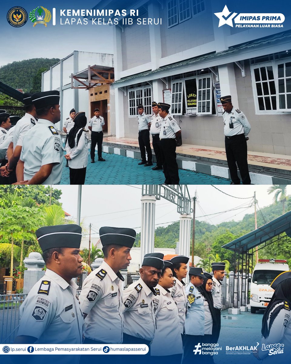 LapasSerui's tweet photo. Tegakkan Kedisiplinan, Pembina Apel Lapas Serui Berikan Instruksi Tegas

SERUI, 30 Juni 2026 – Jajaran pejabat struktural dan staf mengikuti kegiatan Apel Pagi rutin di halaman kantor pada Selasa (30/06). Apel pagi ini berfokus pada penguatan kedisiplinan seluruh pegawai. https://t.co/NxzUi0RKyd