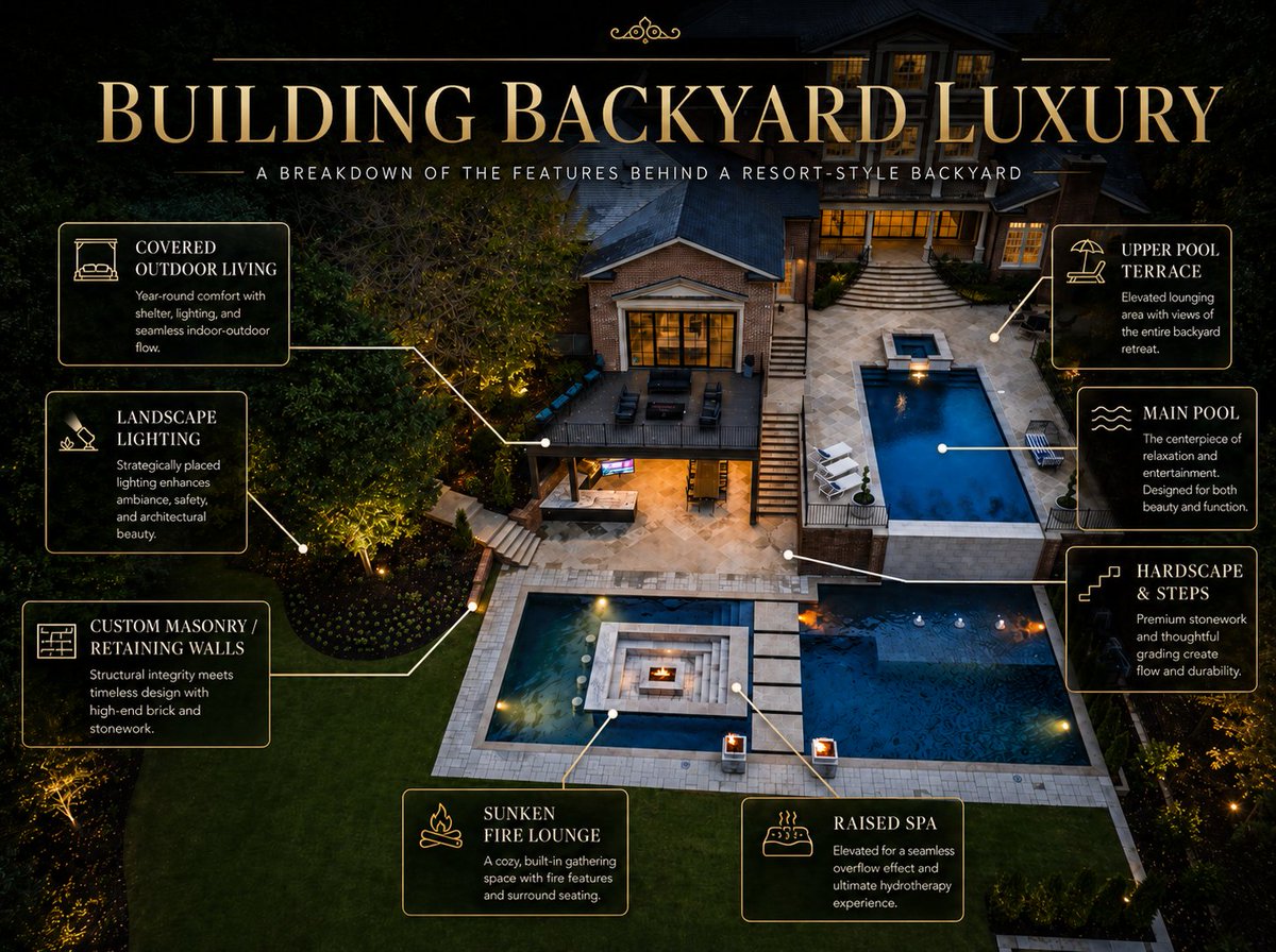 OutdoorMakeover's tweet photo. From the covered outdoor living space and elevated pool terrace to the custom masonry, layered landscape lighting, raised spa, fire lounge, and thoughtfully designed hardscape, this backyard was built to feel like a private resort at home. https://t.co/OL11ooMGnX