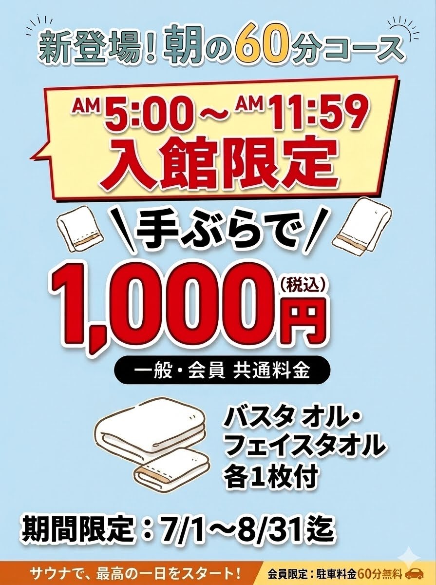 minatosauna's tweet photo. 【お知らせ】

2026年7/1〜8/31の時間・期間限定で
朝の60分コースを新設いたします。
皆様のご来店をお待ちしております！ https://t.co/ytbnPMbzPA