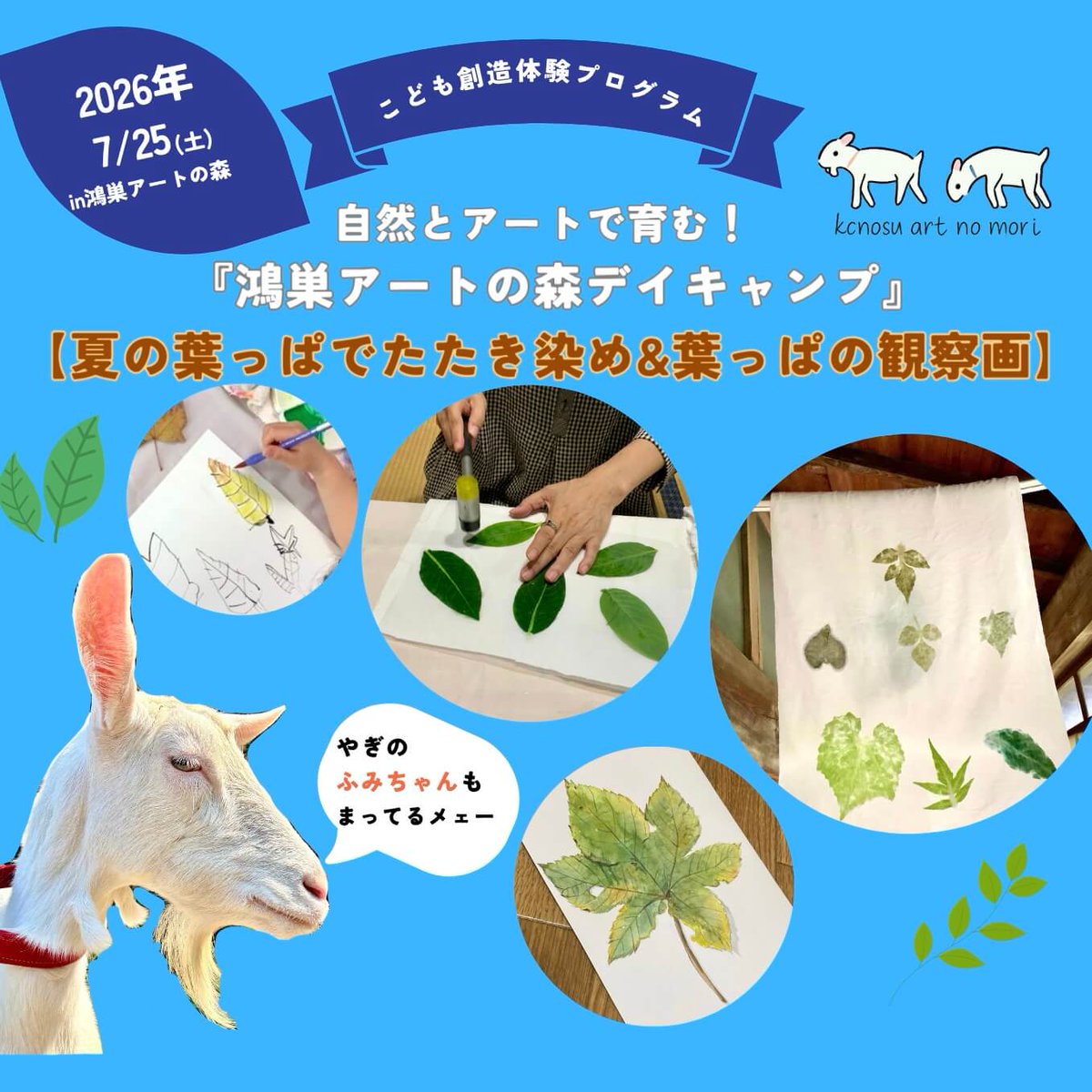geijyutuniyoru's tweet photo. 【7/25(土) たたき染め＆観察画 体験🌿】 

葉っぱを叩くと、色や模様が布にうつ���不思議なたたき染め🍃

五感で自然に触れる、特別な一日を親子で✨
やぎのふみちゃんも待ってるメェー🐐

▼詳細・申込み（7/17金20:00締切） https://t.co/iwWxYrTpIj

#鴻巣 #夏休み #イベント #親子体験 #アート https://t.co/crRvh3lY9C