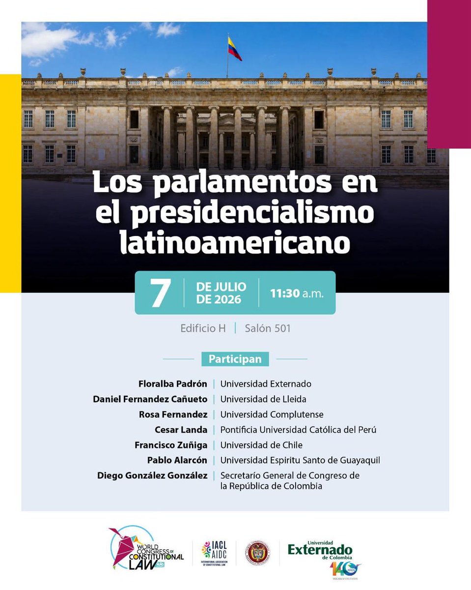 Obslatam's tweet photo. Estimados y estimadas, tenemos el agrado de comunicarles que con fecha 7 de julio, en el marco del WCCL 2026, se llevará a cabo la actividad académica “Los parlamentos en el presidencialismo latinoamericano”. https://t.co/Rj0k4jYAFM https://t.co/SzmpGw3RdO
