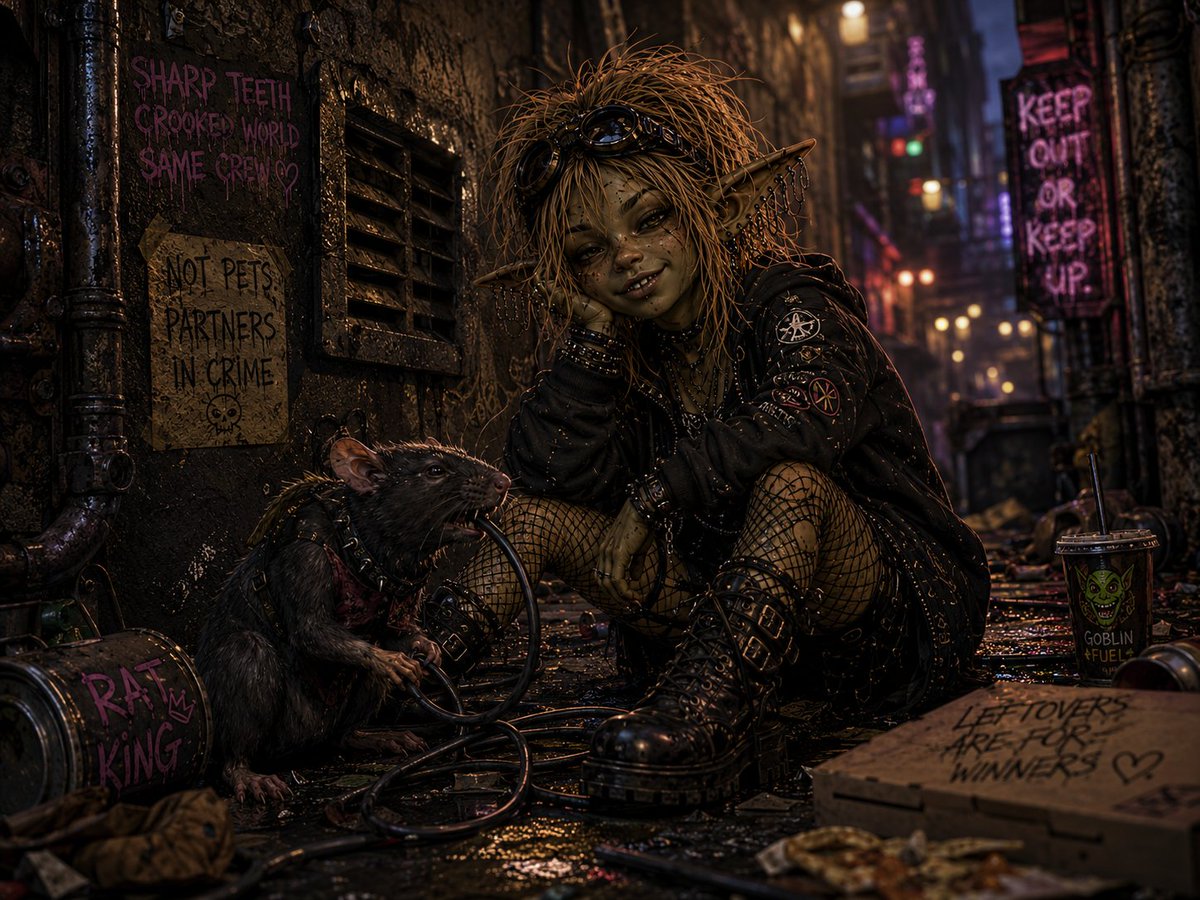 Goblinnib's tweet photo. “Rat King” is a love song.

Not romantic. Calm down, weirdos.

It’s about finding another unwanted little thing chewing through the same rotten city and realizing, unfortunately, that’s family.

He’s not my pet.

He’s my accomplice.

Important distinction, vriks. https://t.co/d5F3IuIhwC