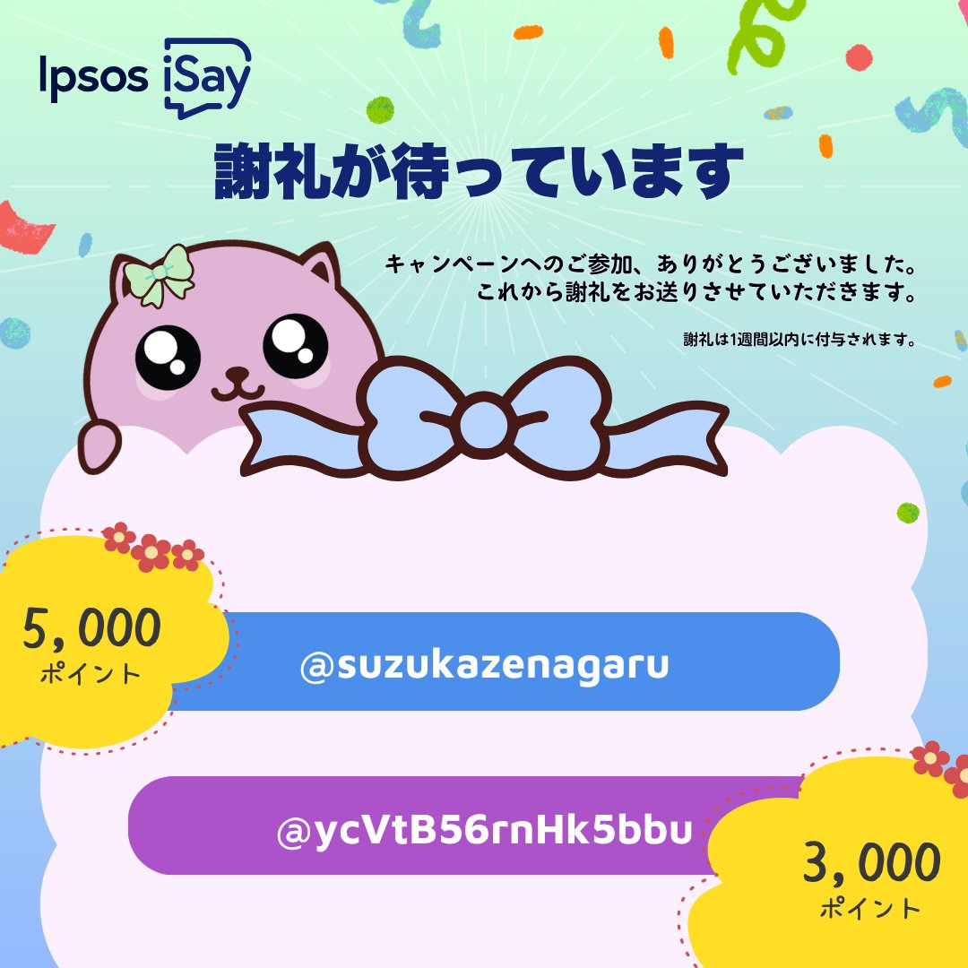 isay106's tweet photo. ご当選おめでとうございます！

ご当選者様には3日以内に、📬DMでご連絡いたします！
DMでIpsos iSayのアカウントを確認後、1週間以内にポイントを付与させていただきます🙇

💖これからのアイミー活躍、そして
今後のキャンペーンにもご期待ください！

#IpsosiSay #抽選 #アンケート https://t.co/HZ9ptnDnDo