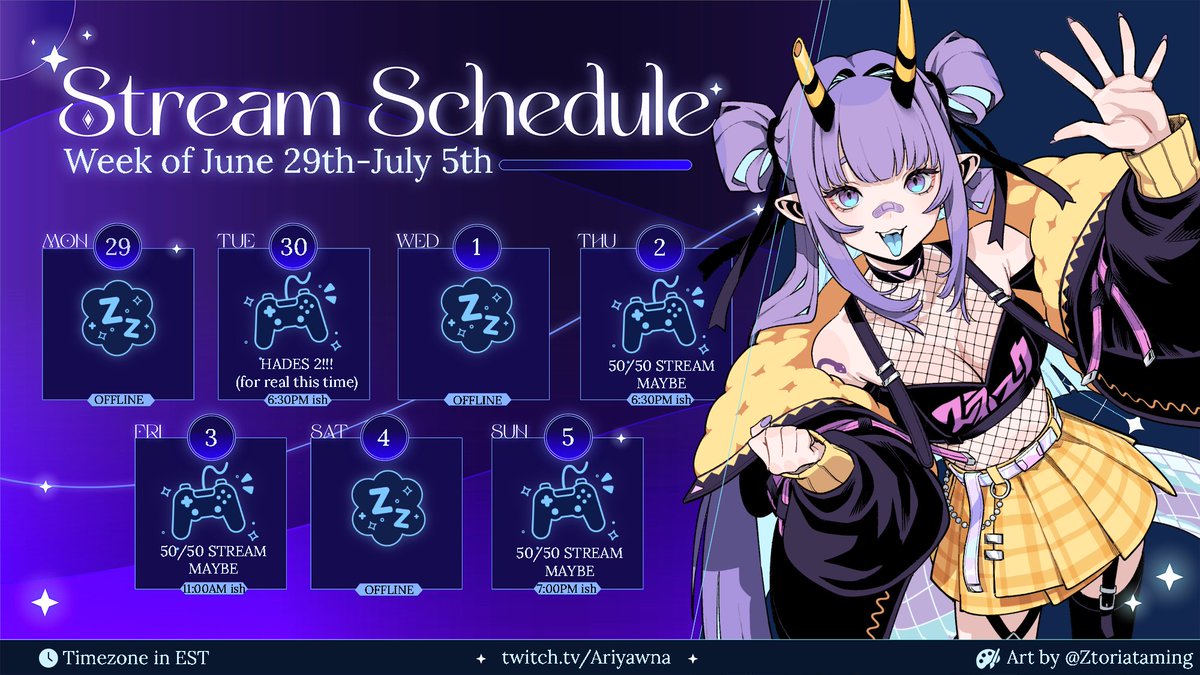 AriyawnaVT's tweet photo. THIS WEEKS SCHEDULE!!!!!!!!!!!!!!!!!! 

WE ACTUALLY (NOWAYING) are beating Hades 2 TOMORROW!! (at least main story!!) and rest of the Week we will do Lies of P!!!

HOPE TO SEE YA SNEKS THERE!!!! https://t.co/syffhe9Rof