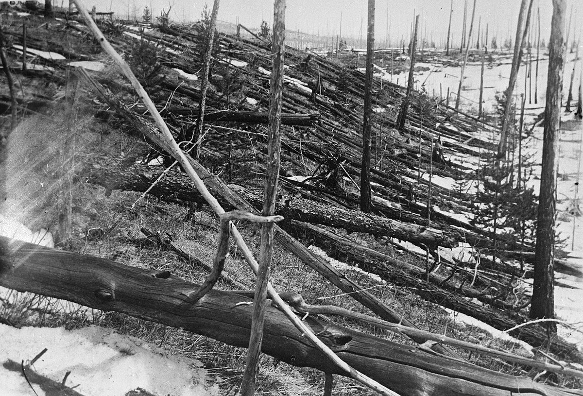 0300a0e1's tweet photo. การระเบิดลึกลับเหนือ Tunguska, Siberia ในปี 1908 ที่ทำลายต้นไม้ในป่าไปกว่า 80 ล้านต้น  

คณะสำรวจได้ลงพื้นที่เกิดเหตุในช่วงปี 1927 หรือ 19 ปีต่อมาจากการระเบิด โดยคาดหวังว่าจะพบหลุมอุกกาบาตขนาดใหญ่ แต่เมื่อไปถึงกลับไม่พบหลุมใด ๆ เลย จึงเริ่มมีการตั้งสมมุติฐานไปต่าง ๆ นานา เช่น เป็นยานเอเลี่ยนระเบิด วัตถุปฏิสสารจากห้วงอวกาศ (antimatter) ได้พุ่งเข้ามาแล้วทำปฏิกิริยากับสสารบนโลกจนระเบิด หรือแม้แต่คิดว่า อาจเป็นการทดลองของ Nikola Tesla ที่สร้างเครื่องยิงแสงทำลายล้าง (Death ray) ได้สำเร็จ

ต่อมาในปี 1957 นักวิทย์พบสิ่งที่เรียกว่า spherules ในชั้นดินและในต้นไม้ ซึ่งมันคือเม็ดโลหะทรงกลมจิ๋วที่จะเกิดขึ้นจากอุกกาบาตที่เกิดการเผาไหม้ในชั้นบรรยากาศ จึงยืนยันได้ว่า เหตุการณ์นี้เป็นฝีมือของอุกกาบาตกลุ่มโลหะที่ได้เกิดระเบิดขึ้นเหนือทุ่ง Tunguska นั่นเอง