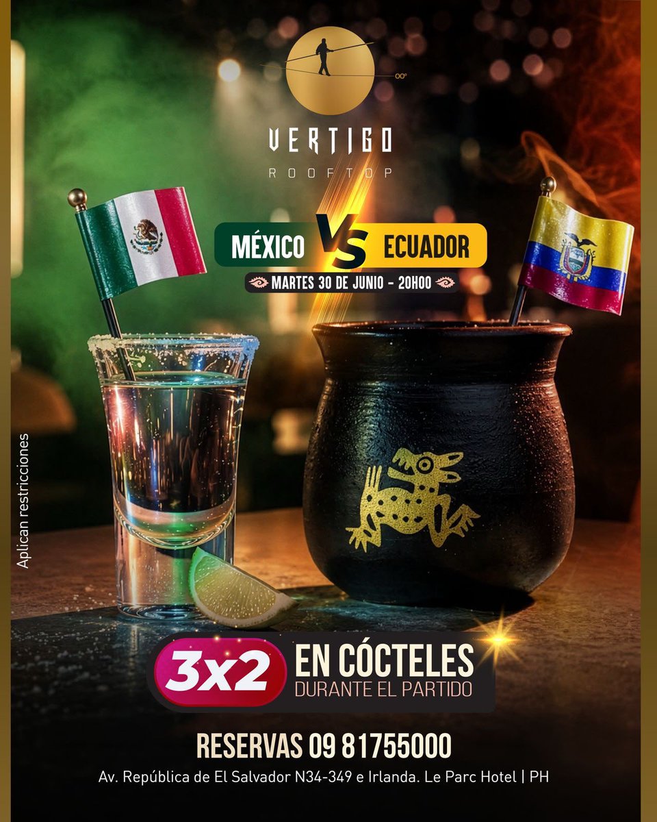 VertigoRooftop's tweet photo. Este martes todos alentamos a Ecuador desde el mejor lugar de Quito.

Pantalla gigante, cócteles de autor, gastronomía increíble y un ambiente de otro nivel. 

Ecuador vs México
⏰ 20H00

¡Reserva ya! 0981755000 
Le Parc Hotel Quito 
Av. República de El Salvador N34-349. https://t.co/67fgjMjG7F