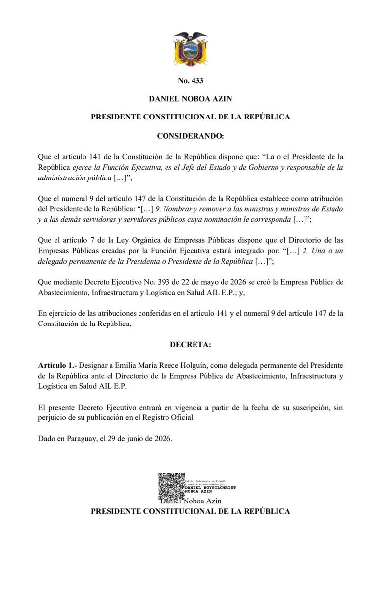 onlypanasec's tweet photo. #AlertaPanas
¡SIGUE SUMANDO CARGOS! DESDE PARAGUAY, NOBOA ENTREGA OTRO PUESTO ESTRATÉGICO A LA HIJA DE MARCELA HOLGUÍN, Emilia María Reece Holguín ahora representará al Presidente en el directorio de la empresa pública de abastecimiento e infraestructura en salud

🤷¿DE QUÉ SE TRATA EL DECRETO? 🤷

🟨 El Decreto Ejecutivo 433 designa a Emilia María Reece Holguín como delegada permanente del Presidente de la República ante el Directorio de la Empresa Pública de Abastecimiento, Infraestructura y Logística en Salud (AIL E.P.).

🟨 Emilia Reece Holguín es hija de la exasambleísta y exvicepresidenta de la Asamblea Nacional, Marcela Holguín, y en los últimos meses ha recibido varias designaciones dentro de organismos estratégicos del Ejecutivo.

🟨 La Empresa Pública AIL E.P. fue creada en mayo de 2026 para encargarse de procesos relacionados con el abastecimiento, infraestructura y logística del sistema público de salud.

🟨 Como integrante del directorio, la nueva delegada participará en la toma de decisiones sobre la administración, planificación y funcionamiento de esta empresa pública.

🟨 Los directorios de las empresas públicas tienen entre sus funciones aprobar políticas institucionales, supervisar la gestión de la entidad y adoptar decisiones sobre su funcionamiento administrativo y estratégico.

🟨 El decreto no modifica la estructura ni las funciones de la empresa pública; únicamente designa a la representante permanente del Presidente ante su directorio.

🟨 Con esta decisión, Emilia Reece Holguín continúa ampliando su presencia en espacios de representación del Ejecutivo dentro de organismos considerados estratégicos para la administración pública.

🟨 El decreto fue suscrito por el presidente Daniel Noboa en Paraguay y entró en vigencia desde la fecha de su firma.