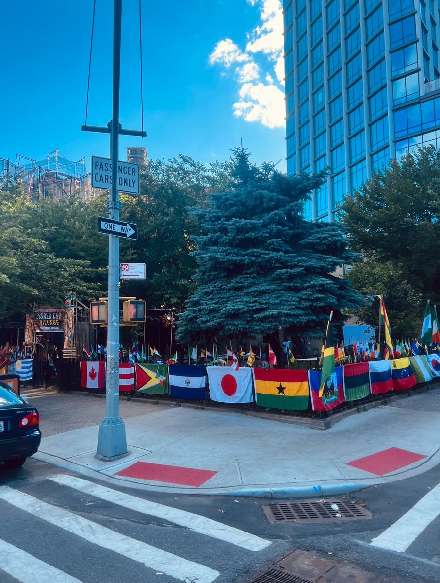 tallhenri's tweet photo. West Harlem has one of the best World Cup watch spots in the city. This French African church decked out their backyard with flags and screens so anyone can watch for free, every night. Half dozen languages in the air, everyone just rooting for good football https://t.co/gqvtMlUS2d