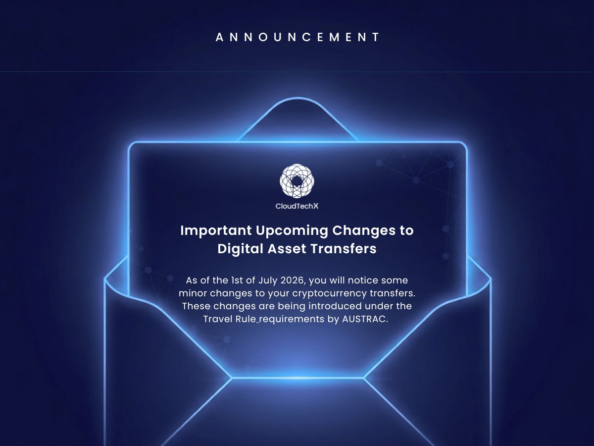 CloudTechGrp's tweet photo. AUSTRAC's Travel Rule applies to crypto transfers from tomorrow, 1 July 2026.

What it means for you: nothing changes in how you transact. Full breakdown here: https://t.co/AeQyWsVCWZ

#travelrule #auscrypto https://t.co/mUDelQxq7j