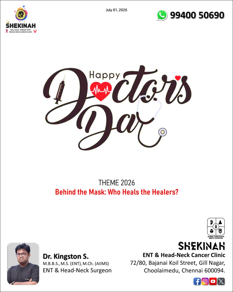 Shekinah_ENT's tweet photo. Happy Doctor's Day - July 01, 2026
#MedicalDocs
#DoctorsDay
#Doctors
#Doctor
Dr. Kingston S.
ENT & Head-Neck Surgeon,
Kauvery Hospital, Alwarpet.
#EarNoseThroat
#ShekinahClinic
#ENTspecialist
#ShekinahENT
#DrKingstonS
#DrKingston
#ENTsurgeon
#ENTdoctor
#ENTclinic
#ENT
#Kauvery https://t.co/WLTnEOeYgo